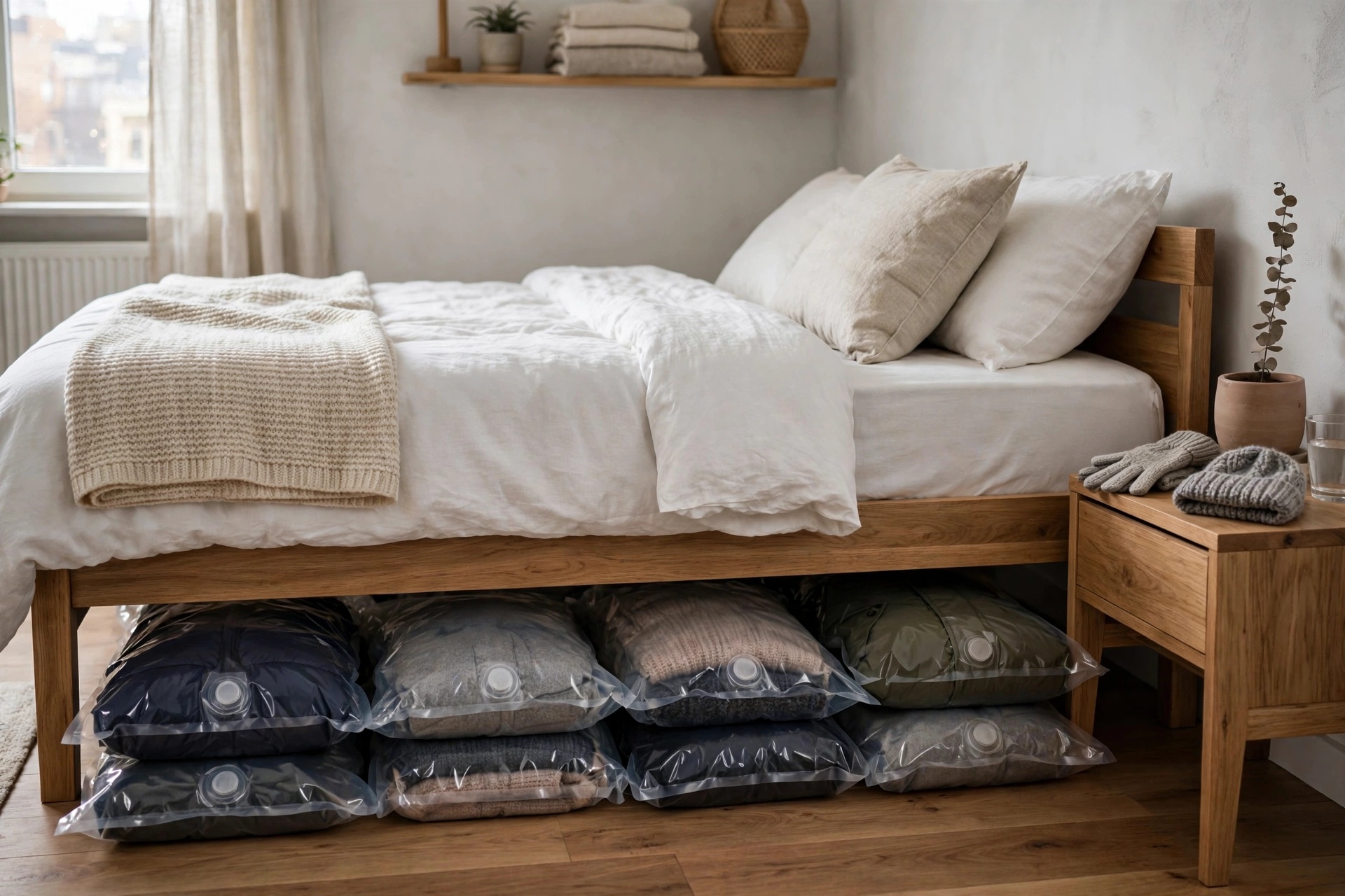 Vacuum-sealed bags of winter clothes compressed flat under a bed in a studio