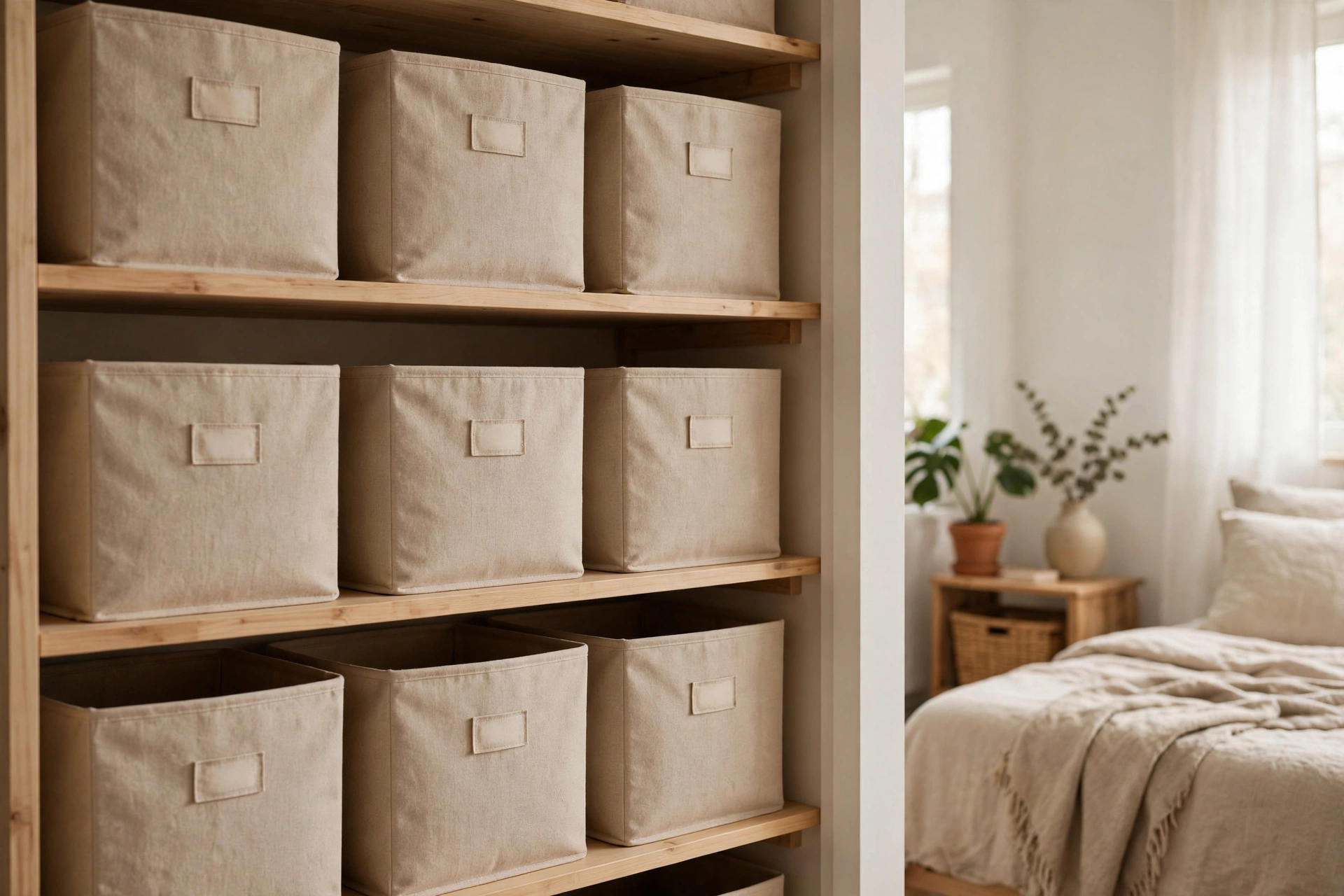 Neatly labeled storage bins and shelves in an organized studio apartment closet