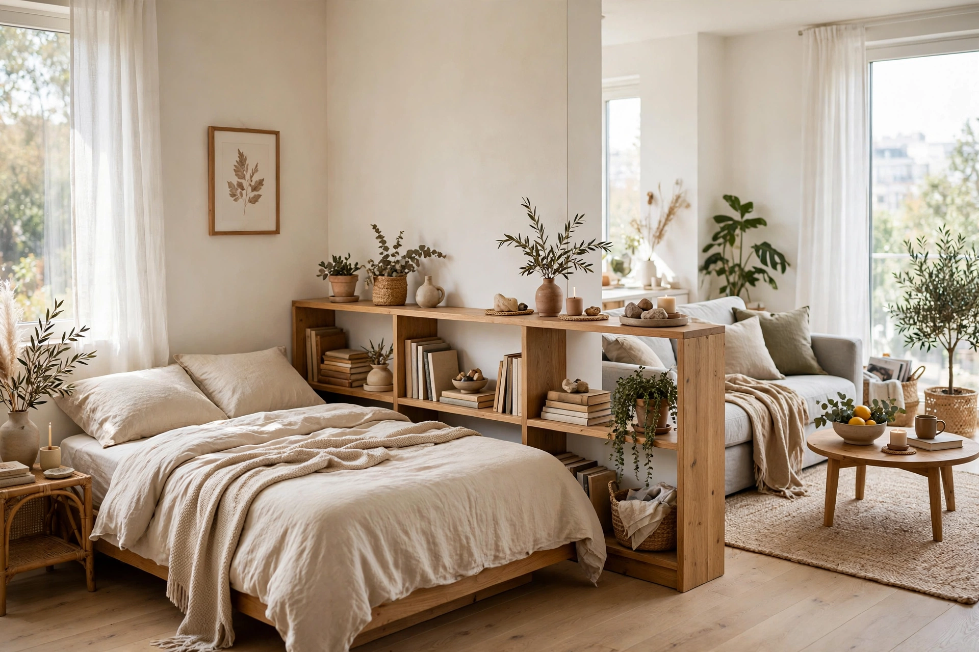Low bookcase dividing sleeping and living zones while storing books in a studio