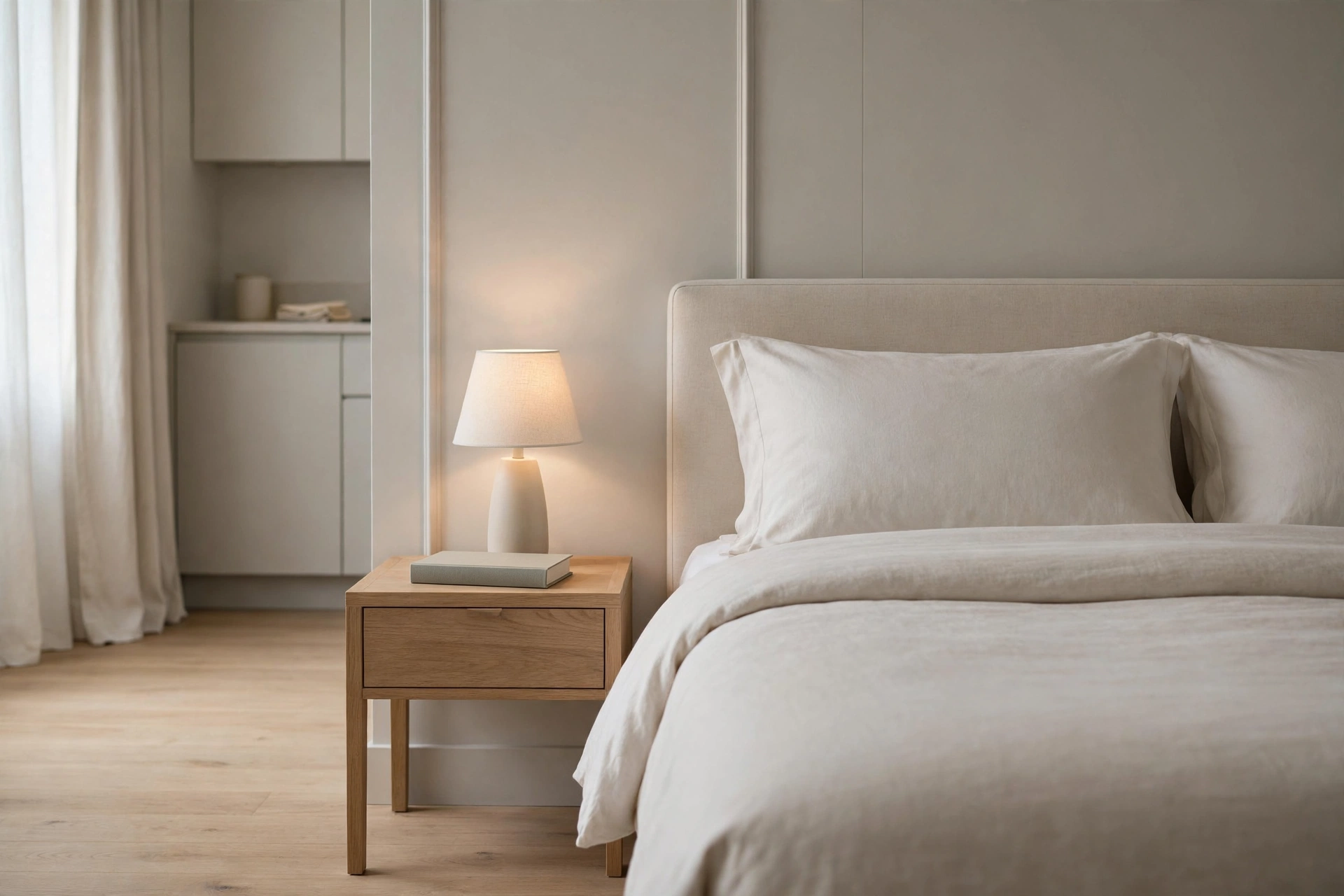 Minimal nightstand with just a lamp and book following the hotel rule in a studio