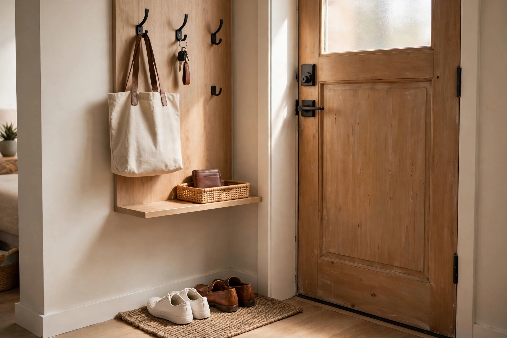 Organized entryway landing strip with hooks tray and shoe mat by a studio door