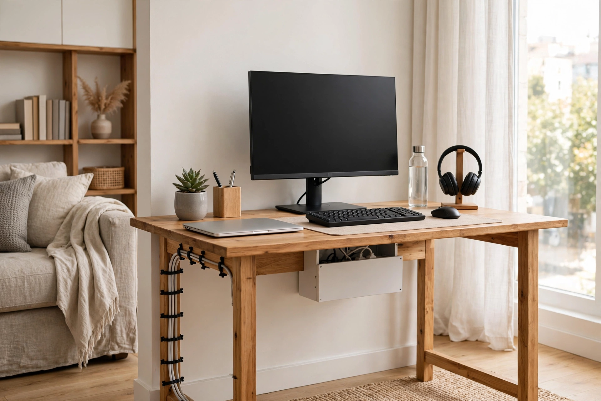 Cable management box hiding power strip with tidy routed cords behind a studio desk