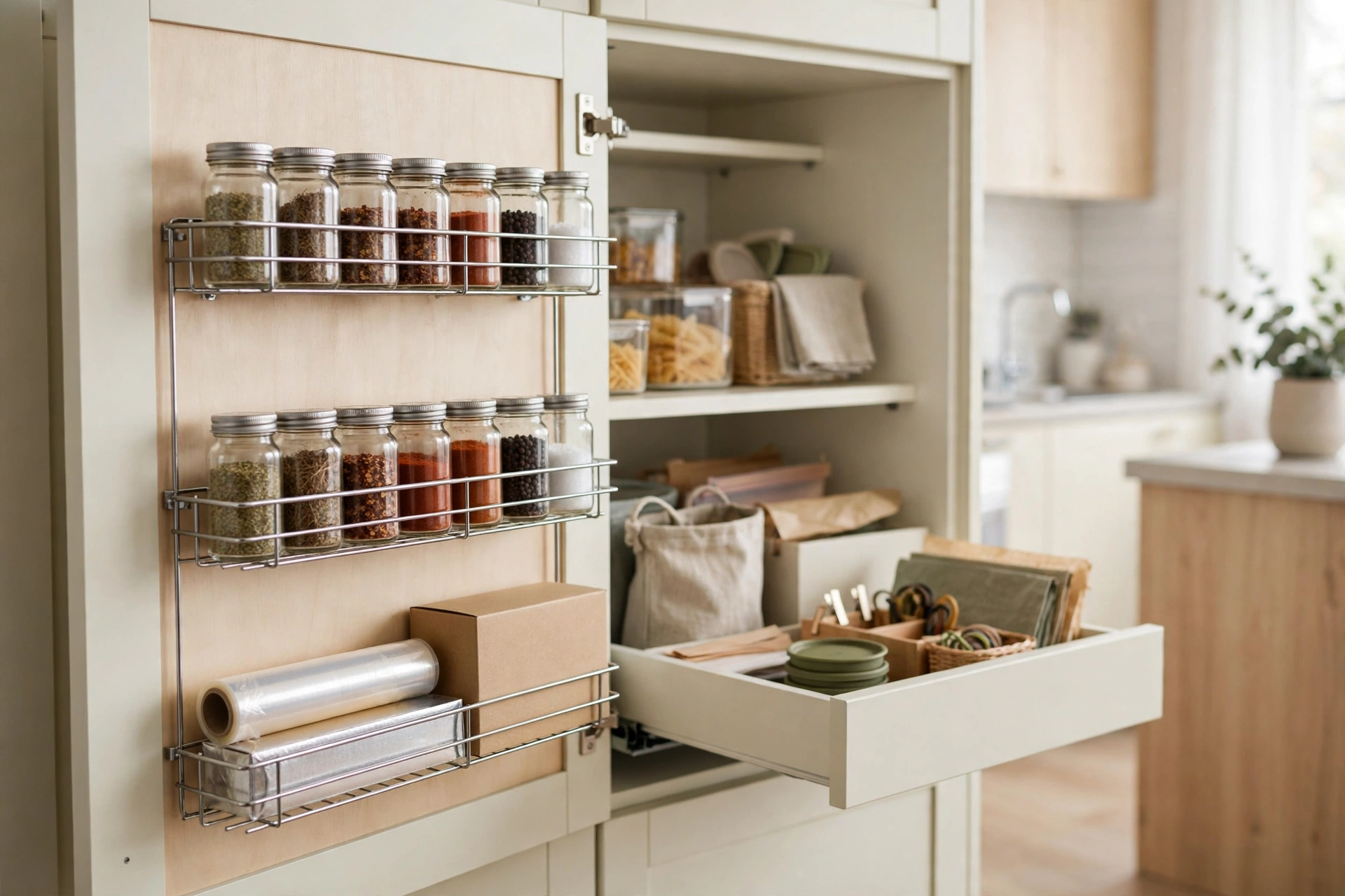 Inside of kitchen cabinet door with mounted spice racks and organizers in a studio