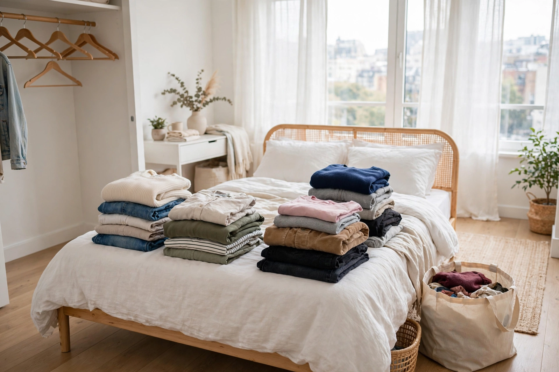 Seasonal closet purge with sorted keep donate piles in a bright studio apartment