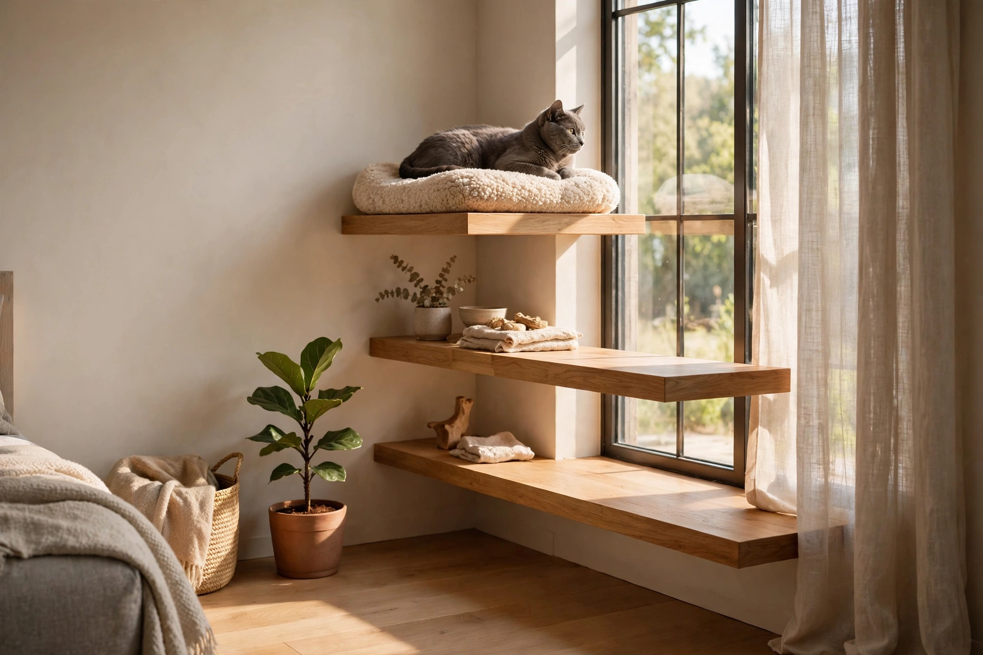 Gray cat lounging on a floating wooden window perch shelf in a sunlit studio apartment