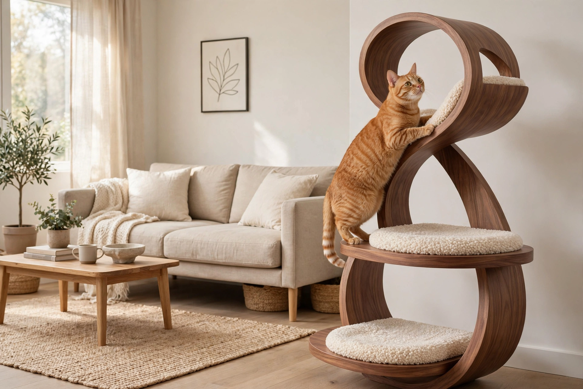 Sculptural walnut and boucle modern cat tree with an orange tabby cat in a stylish studio living area