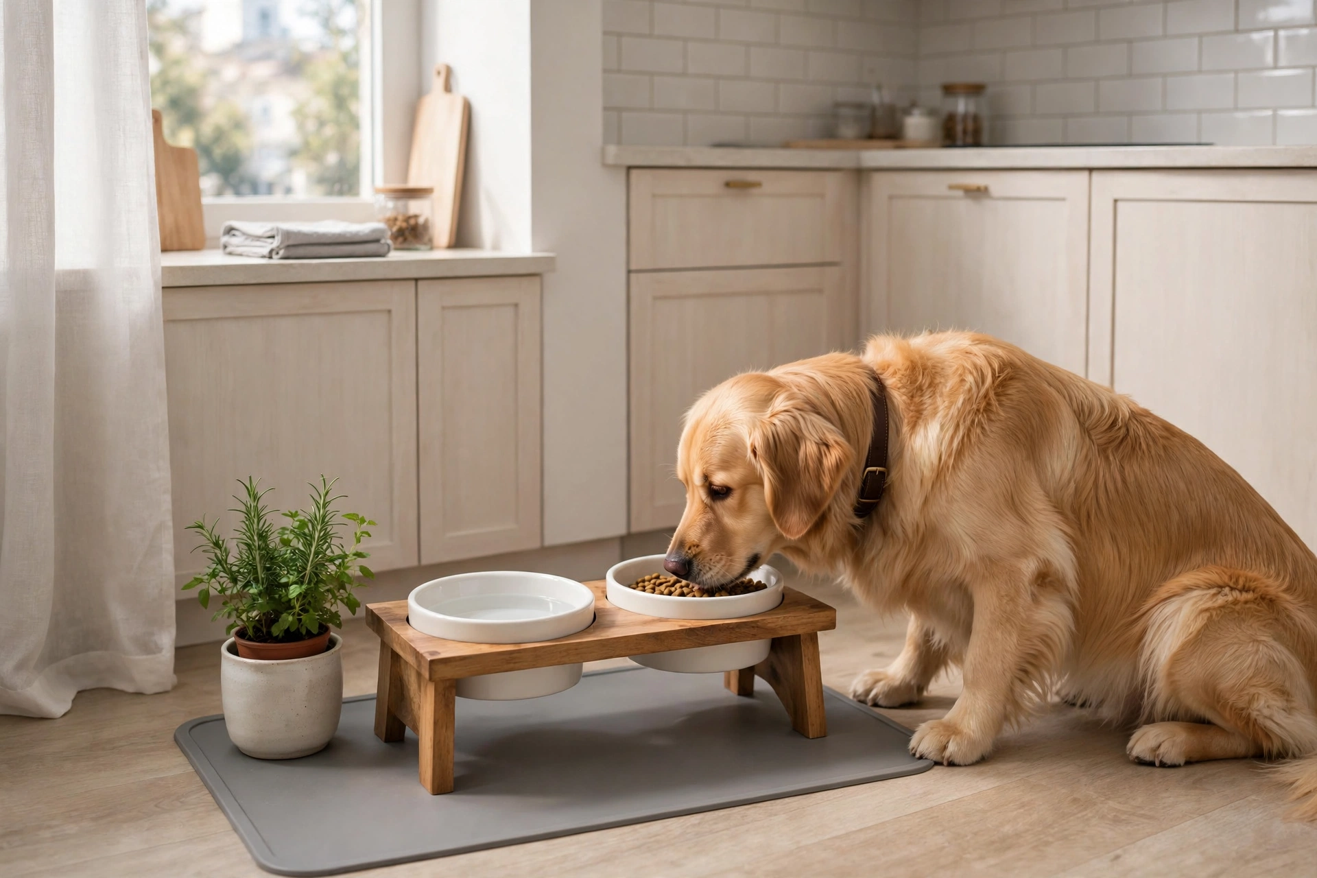 Tidy pet feeding station with raised ceramic bowls on a wooden stand in a studio apartment kitchen corner