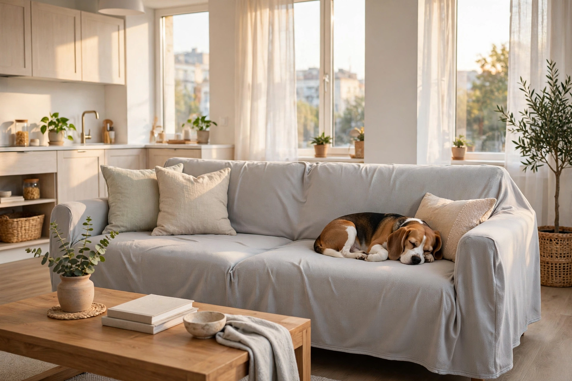 Light gray slipcover sofa with washable covers and a beagle dog napping in a bright studio living room