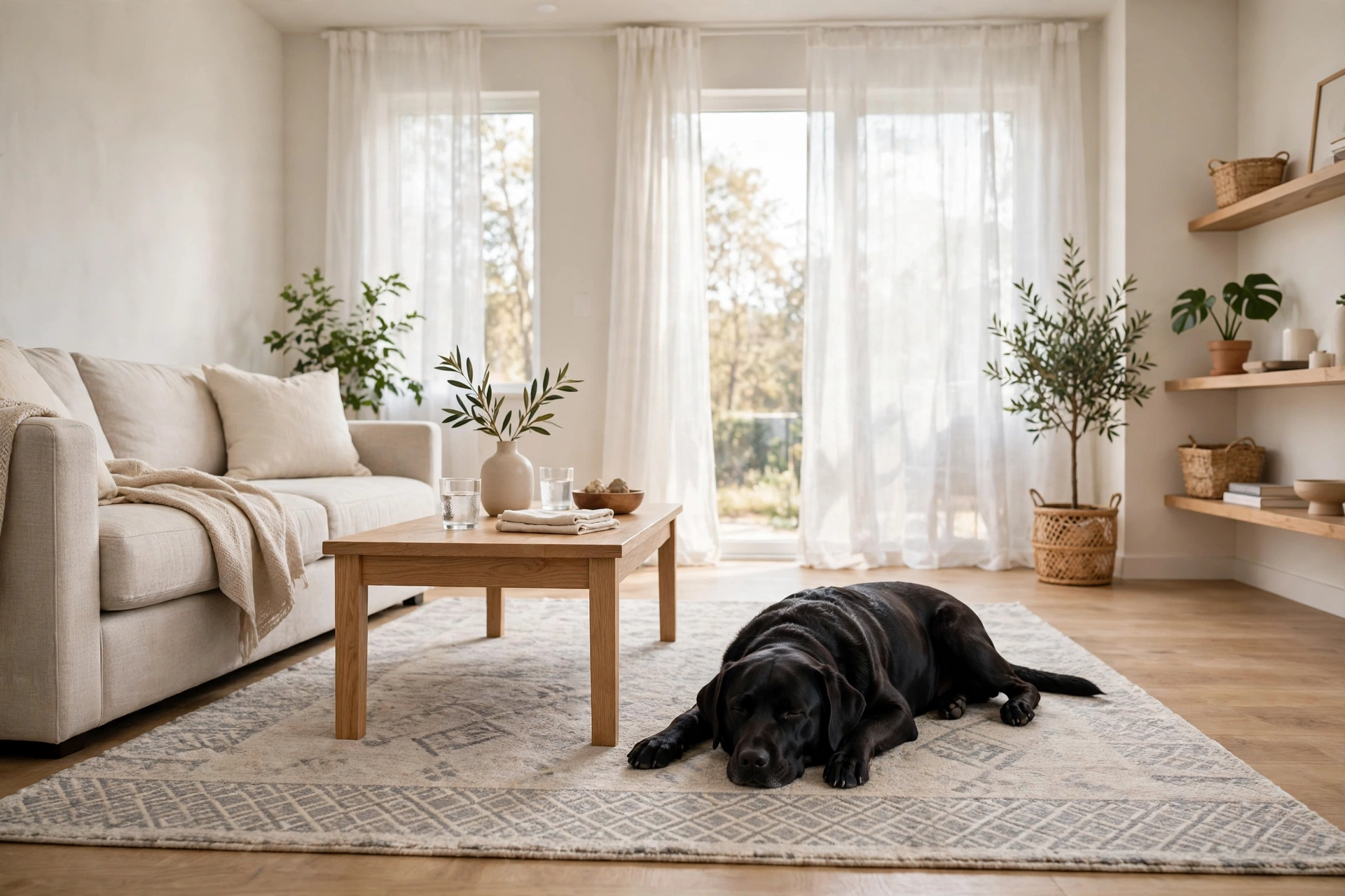 Low-pile washable area rug with geometric pattern and a black labrador lying on it in a studio living room