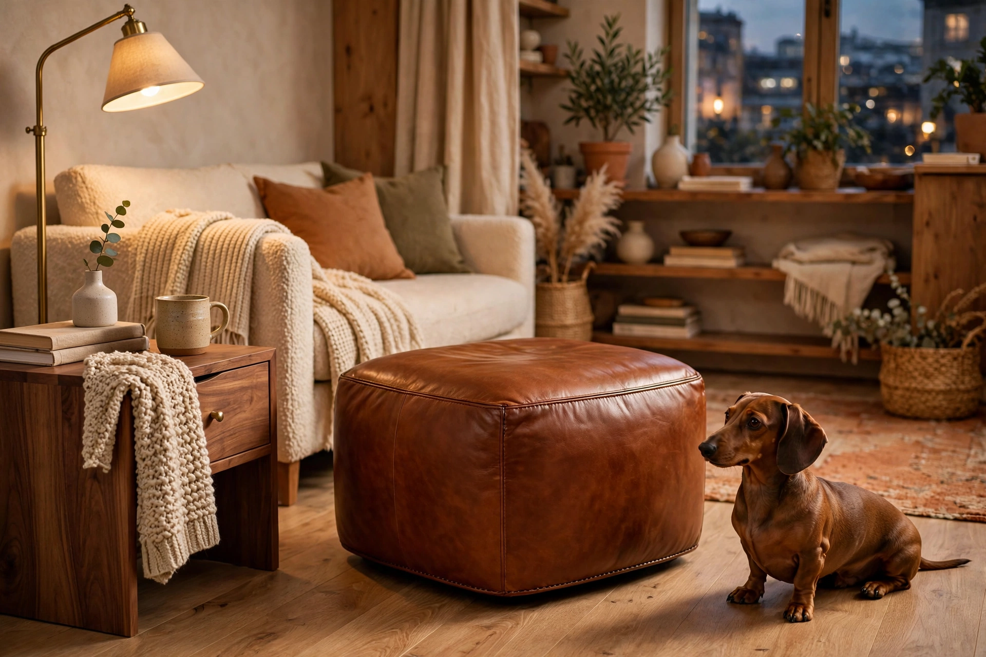 Cognac leather ottoman with wipeable surface beside a small dachshund in a warm studio apartment