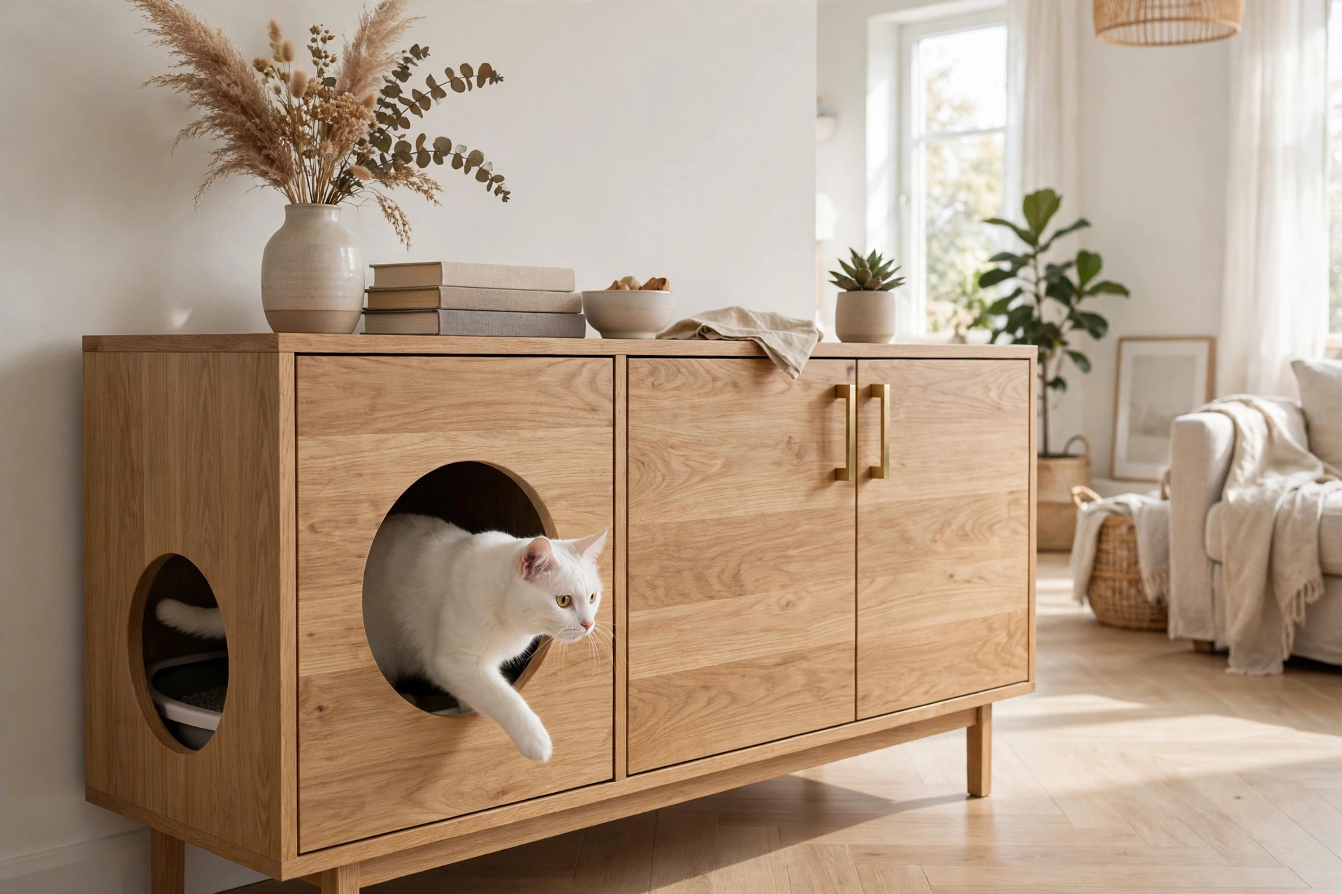 Light oak cabinet concealing a cat litter box with a white cat entering through a round side opening