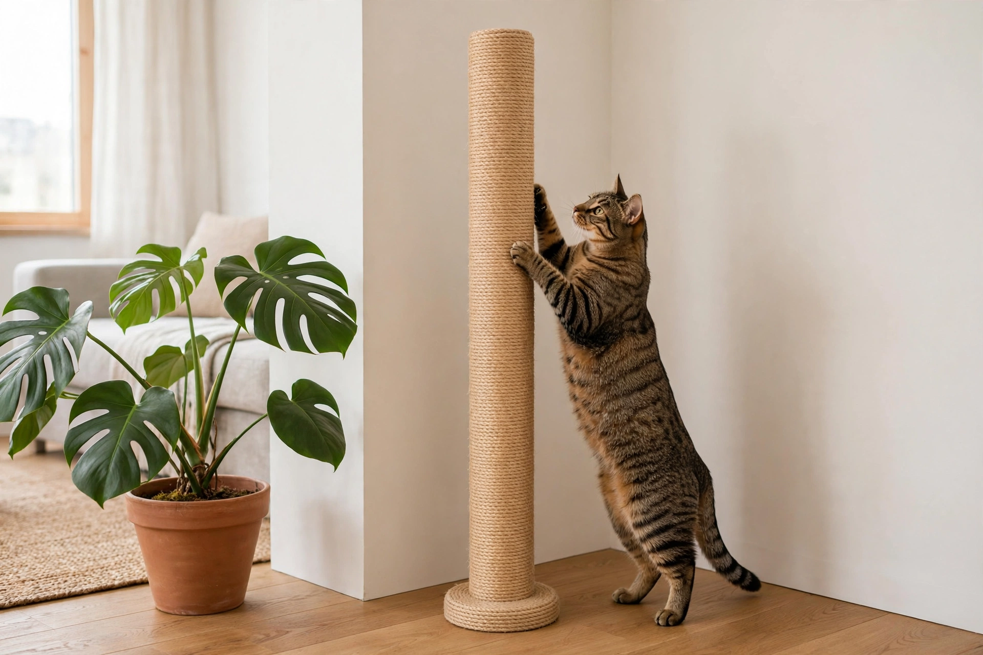 Tall natural sisal scratching post with a tabby cat stretching up to scratch in a bright studio corner