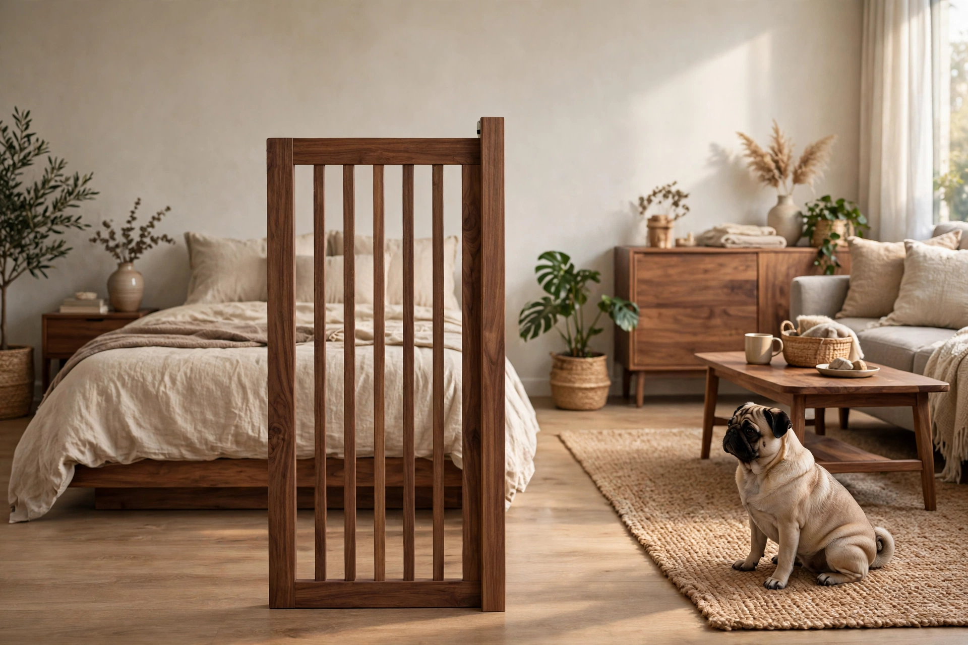 Freestanding wooden slat pet gate dividing zones in a studio apartment with a small pug on one side