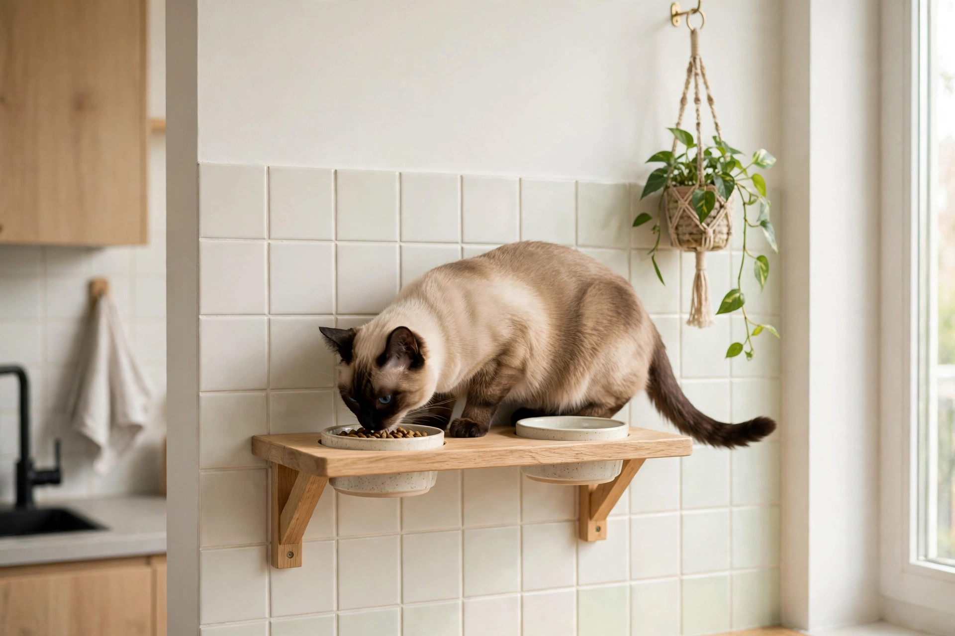 Wall-mounted wooden cat feeding shelf with ceramic bowls and a siamese cat eating in a studio kitchen