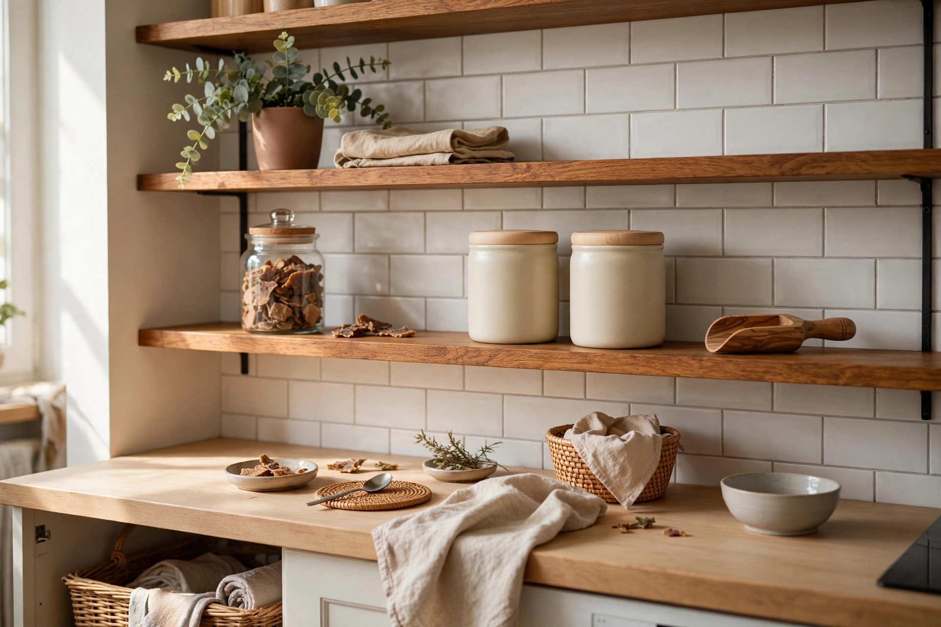 Airtight ceramic canisters for pet food styled on open kitchen shelving in a studio apartment