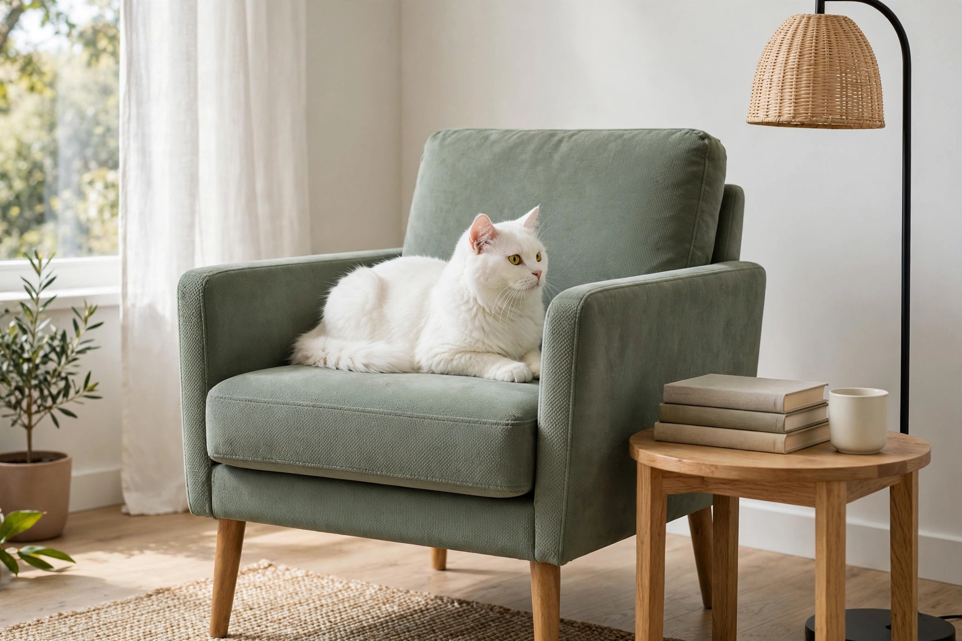 Sage green performance-fabric accent chair with a white cat sitting on it in a studio reading corner