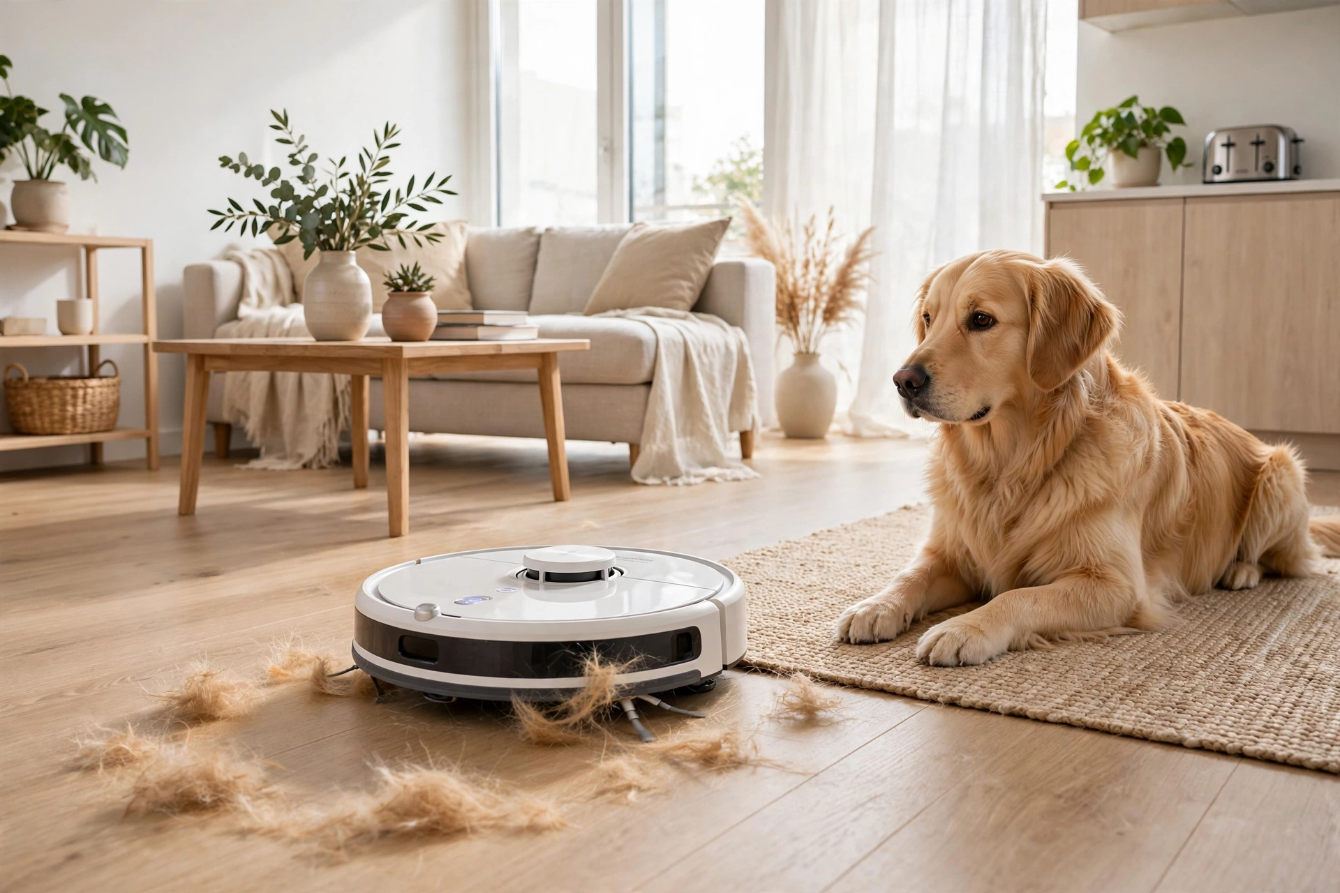 Robot vacuum cleaning pet hair from a light wood studio apartment floor while a golden retriever watches