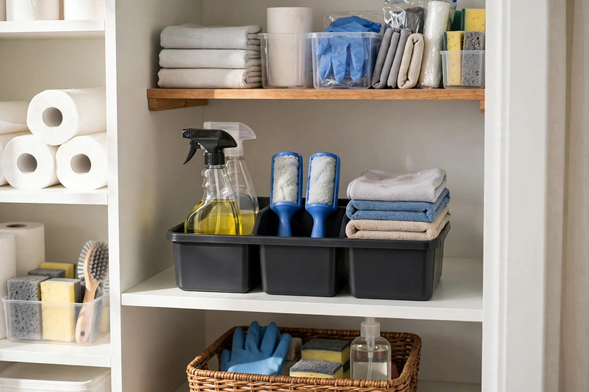 Organized pet cleaning caddy with enzymatic spray and lint rollers inside a studio apartment closet