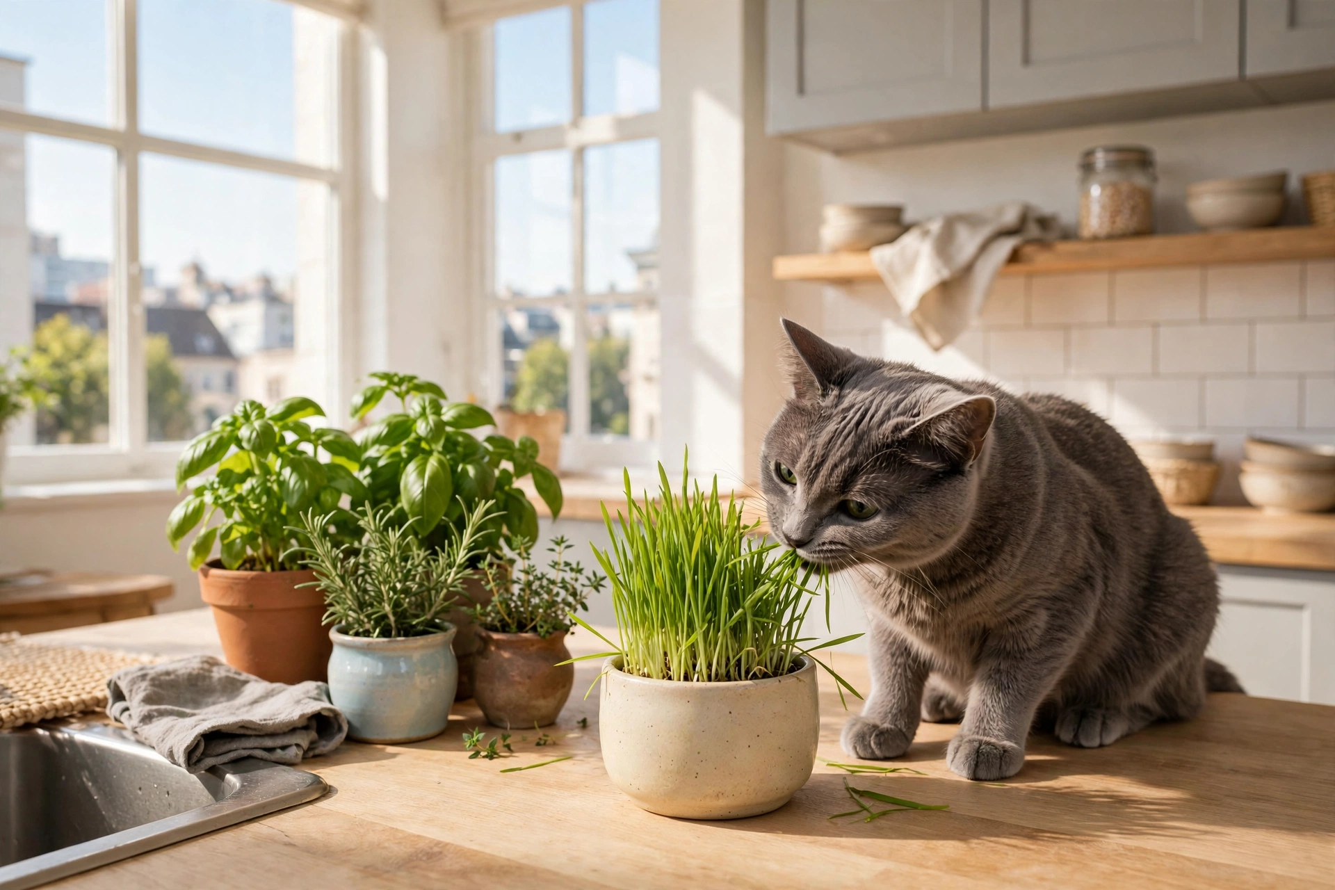 Ceramic planter of fresh cat grass on a sunny studio apartment kitchen counter with a cat nibbling it