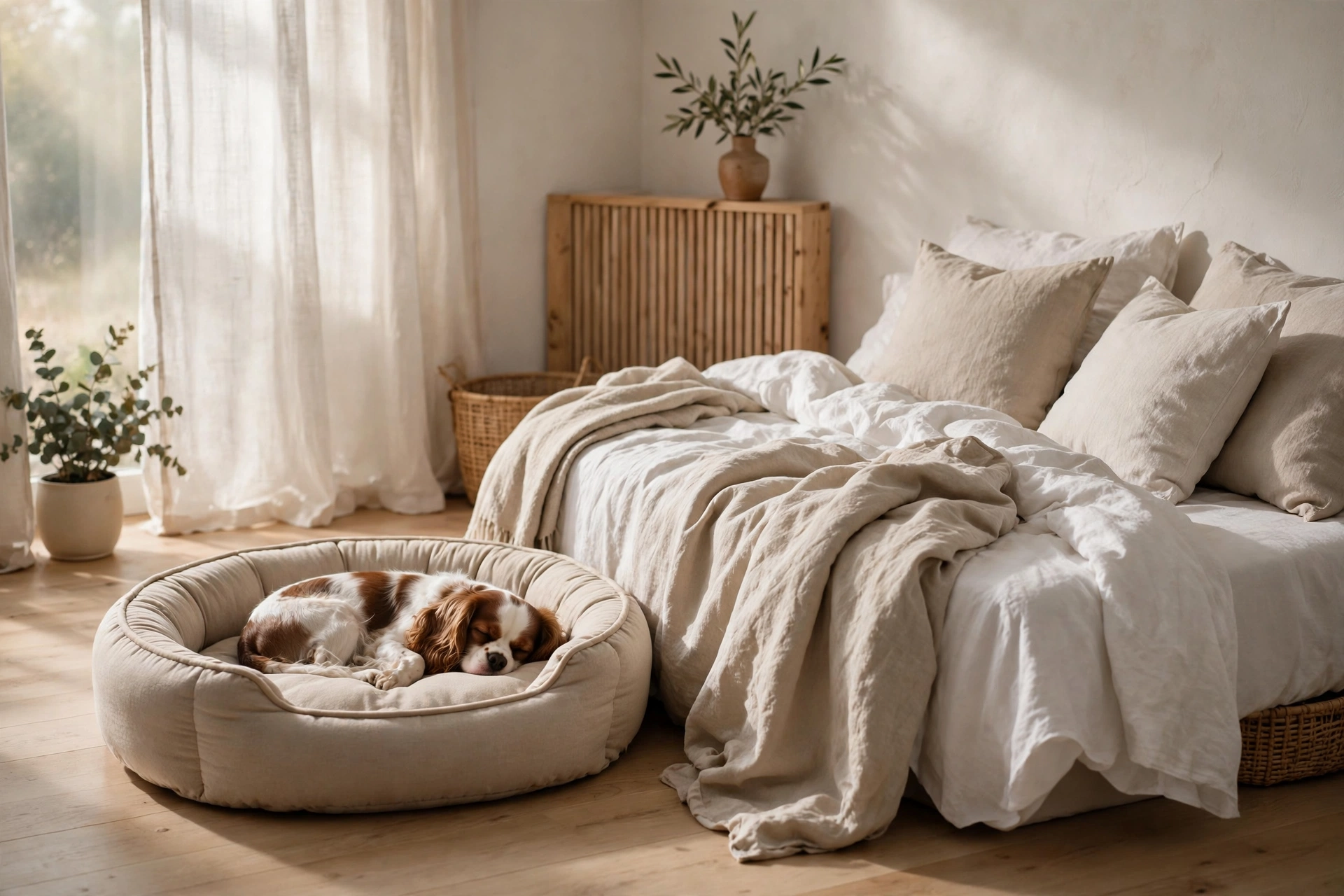 Round washable dog bed in beige matching the linen bedding beside a bed in a studio sleeping zone