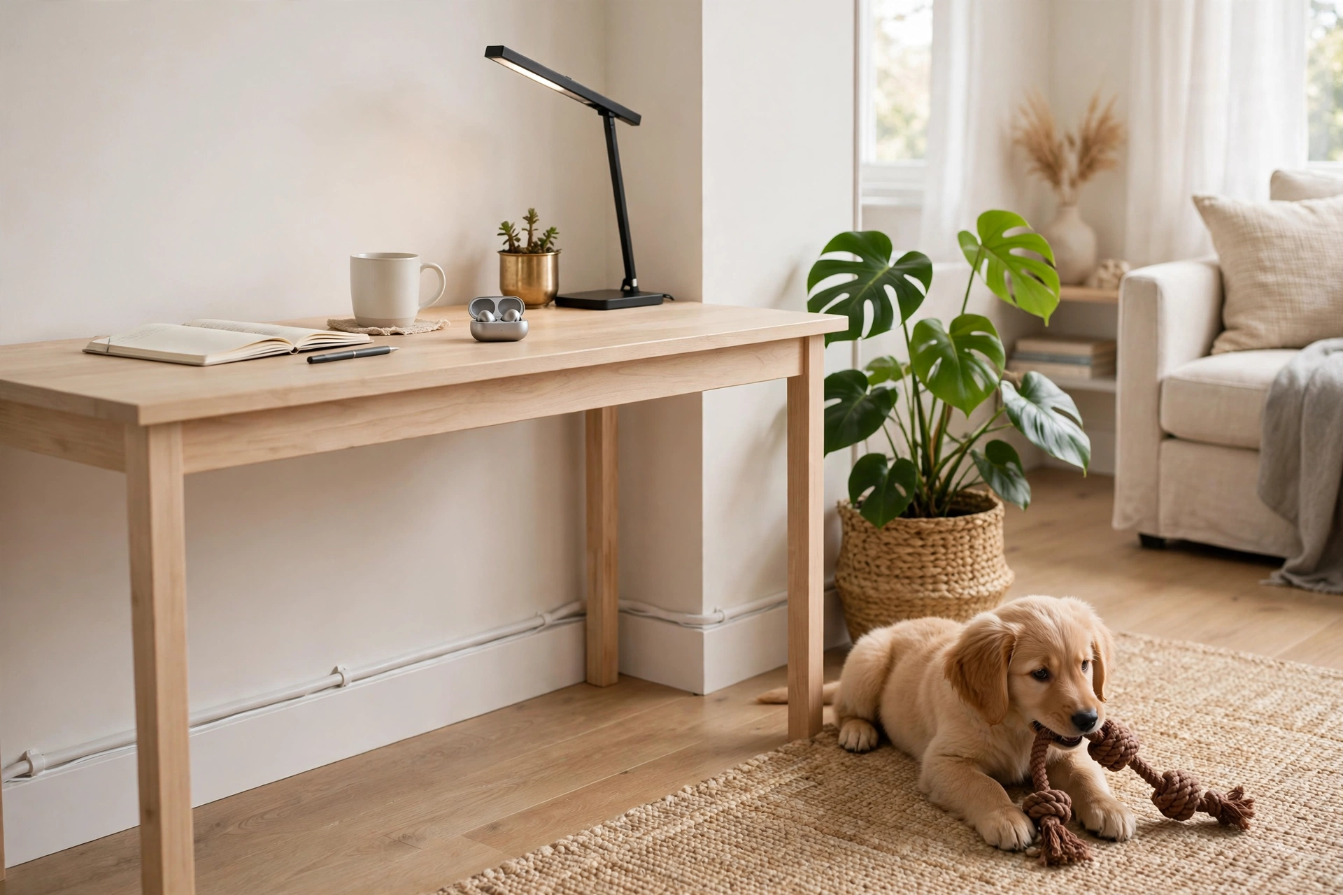 White cord covers hiding cables along a baseboard in a studio home office with a puppy playing safely nearby