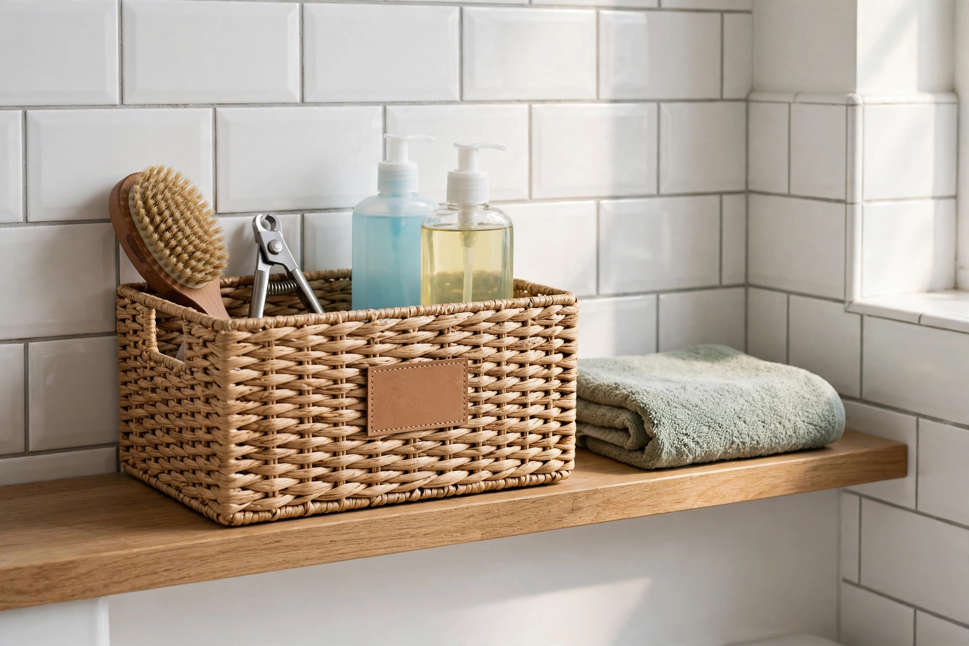 Labeled woven bin with pet grooming supplies organized on a studio apartment bathroom shelf