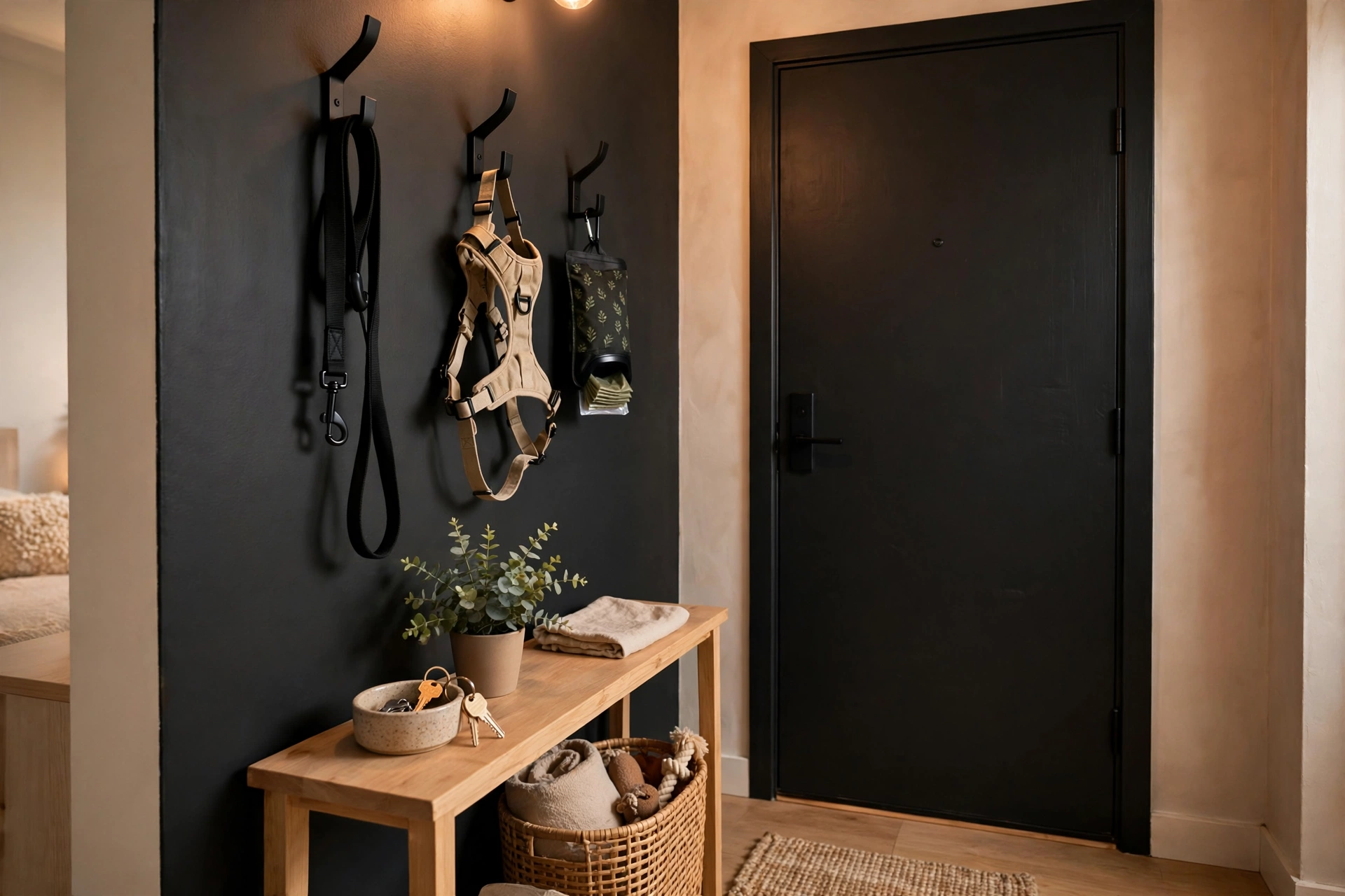 Matte black wall hooks with dog leash and harness beside a studio apartment front door