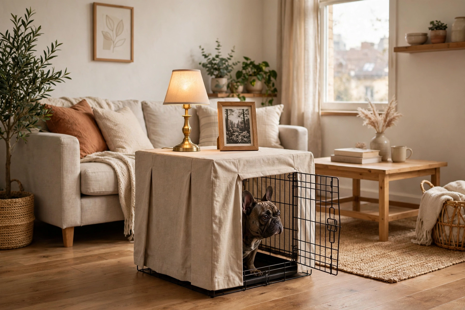 Wire dog crate with tailored beige fabric cover styled as a side table with a french bulldog inside
