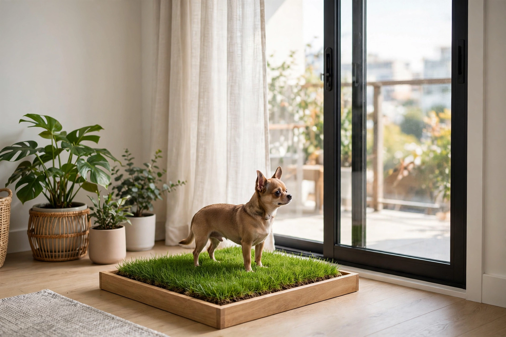 Fresh indoor grass potty patch in a wooden tray near a balcony door with a small chihuahua standing on it
