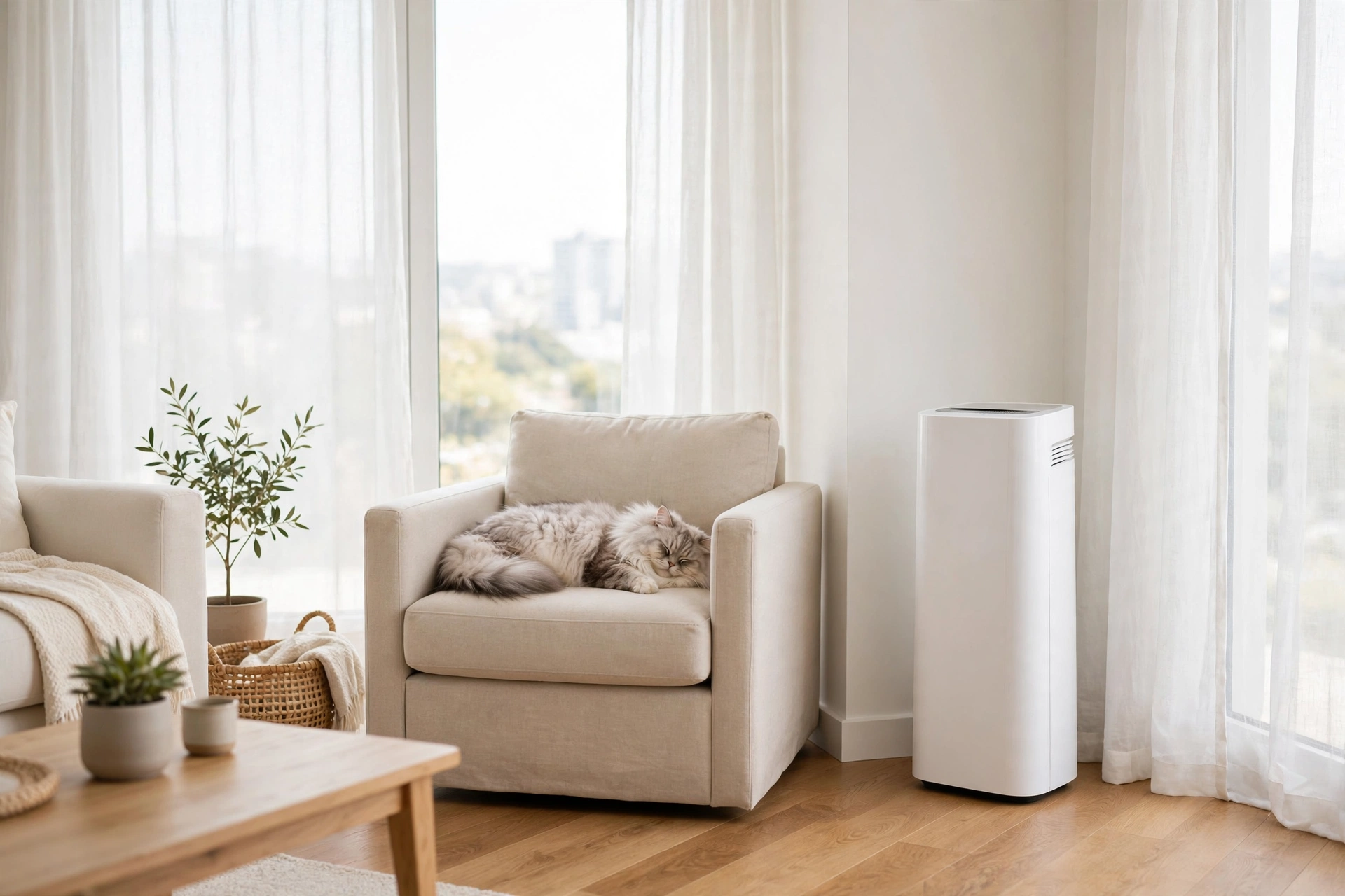 Sleek white air purifier in a bright studio living room corner with a long-haired cat on a nearby armchair