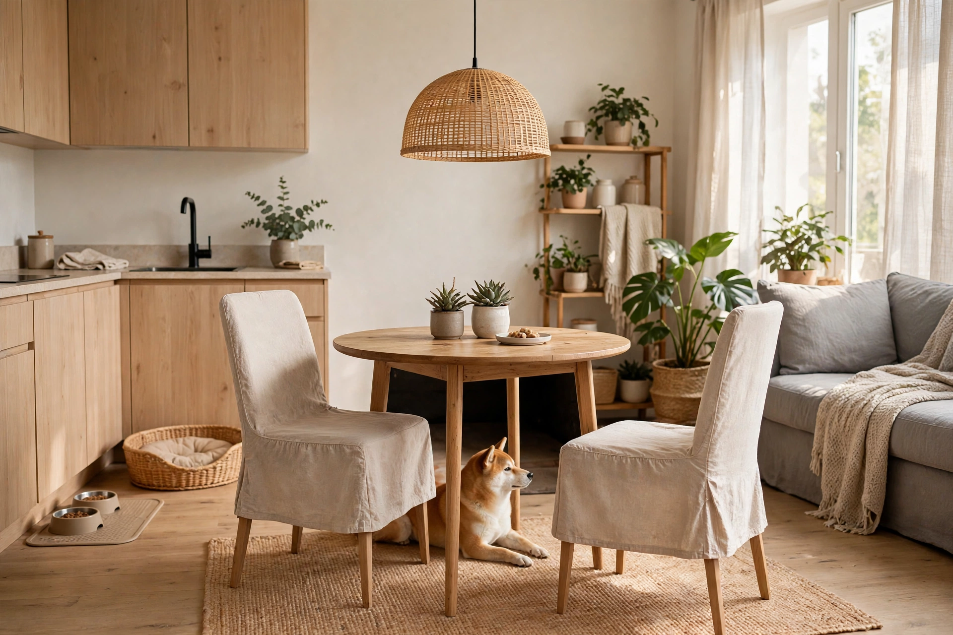 Dining chairs with wipeable beige slipcovers around a small table with a shiba inu underneath