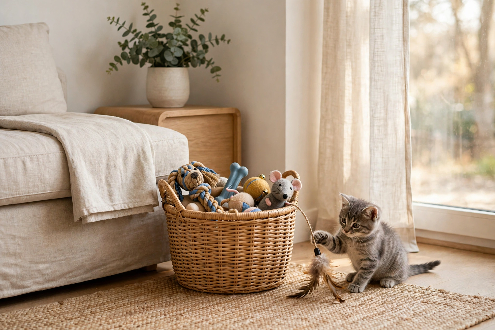 Woven rattan basket with a curated rotation of pet toys and a kitten playing beside it in a tidy studio