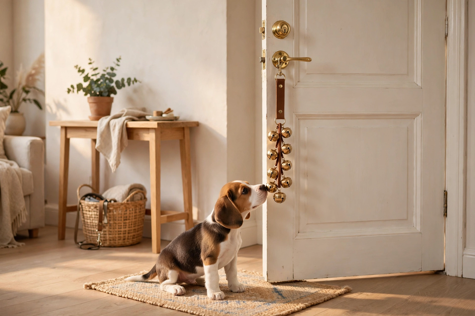 Brass potty-training bells hanging on a studio apartment front door with a beagle puppy nosing them