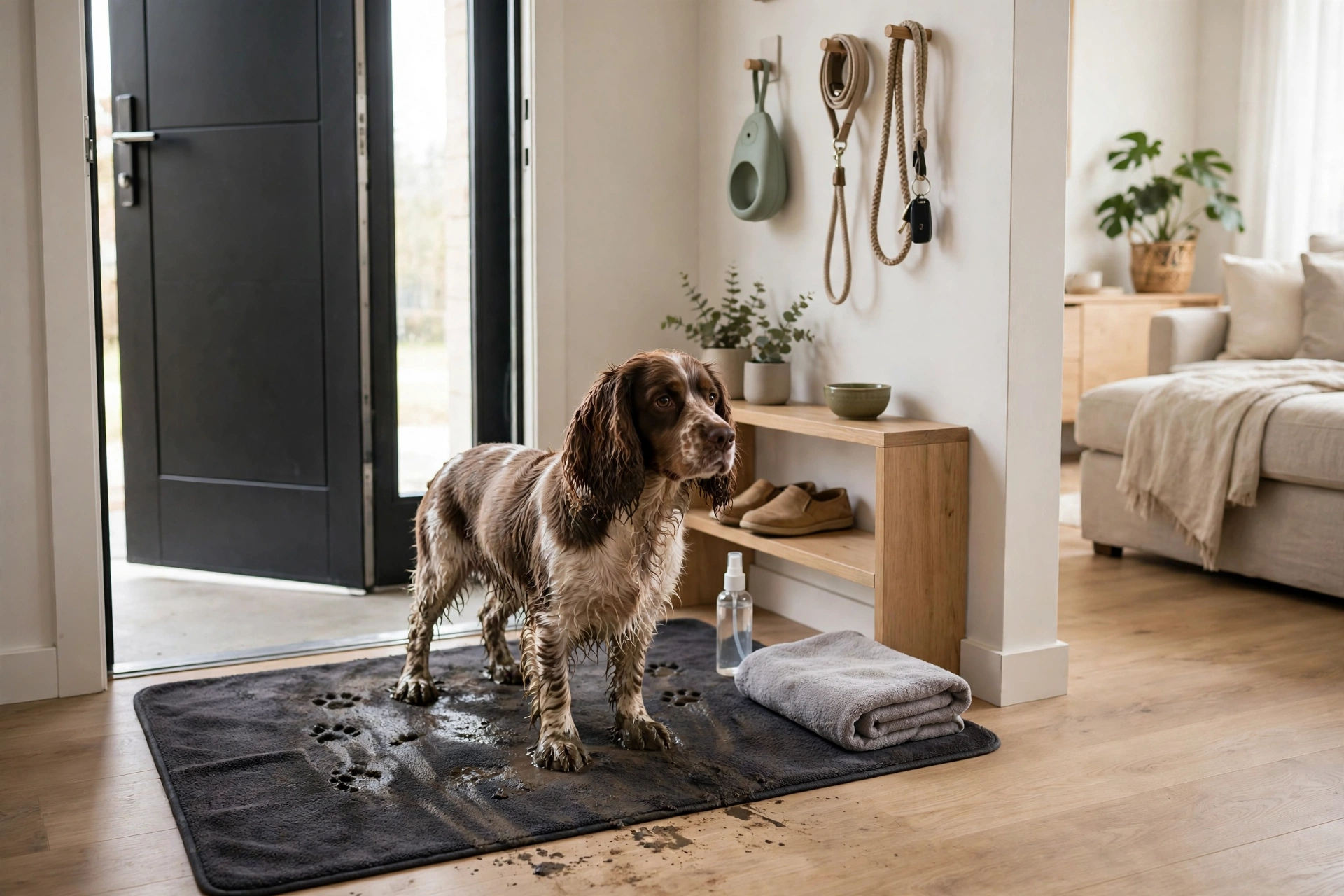 Paw-wipe station with microfiber mat and towel inside a studio apartment front door with a spaniel standing on it
