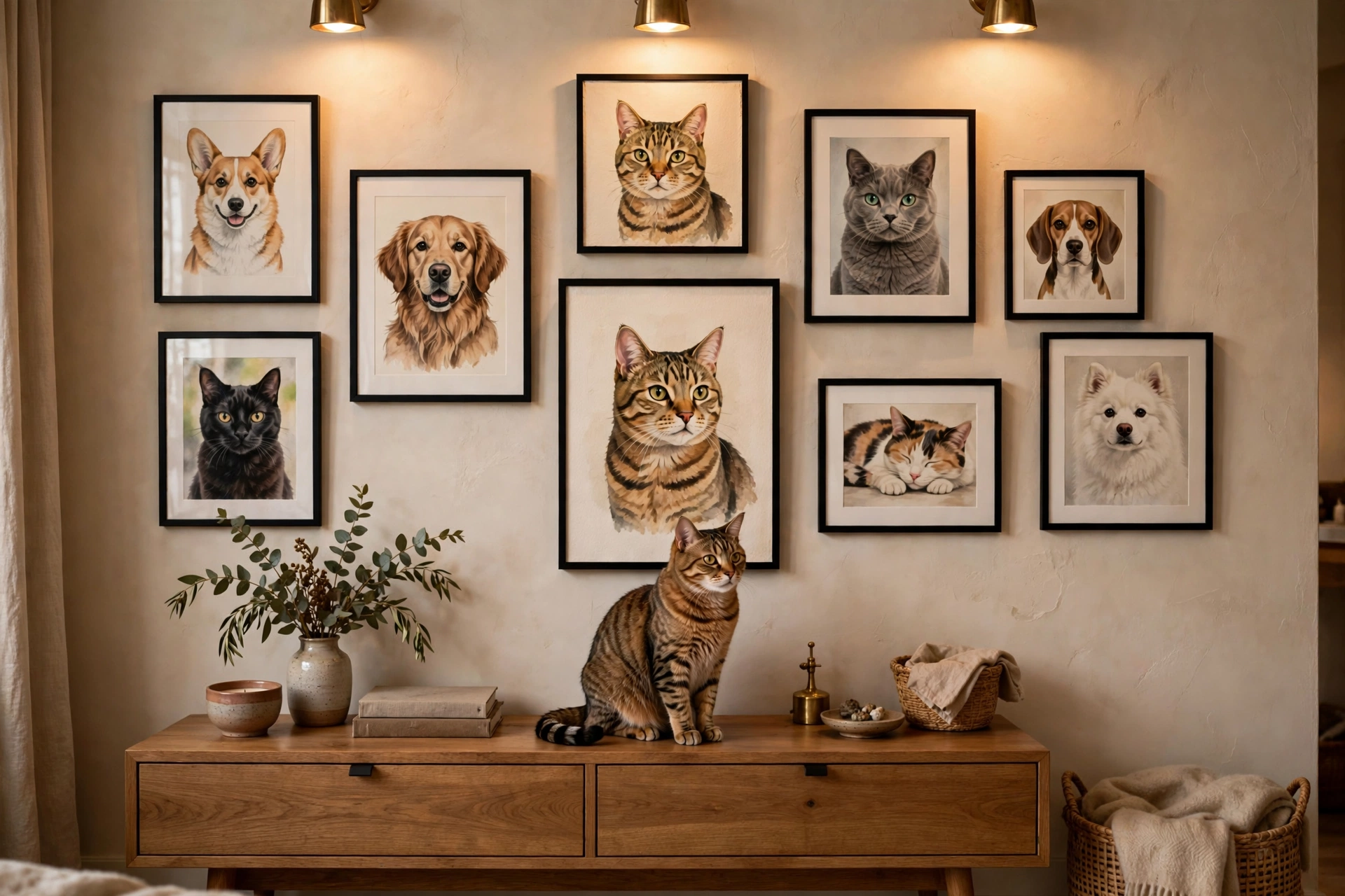 Gallery wall of framed pet portraits above a console in a studio apartment with a tabby cat beneath its own portrait