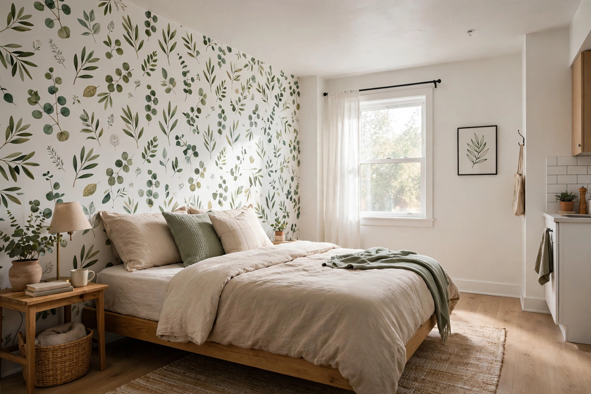 Peel-and-stick botanical wallpaper accent wall behind a bed in a rental studio apartment