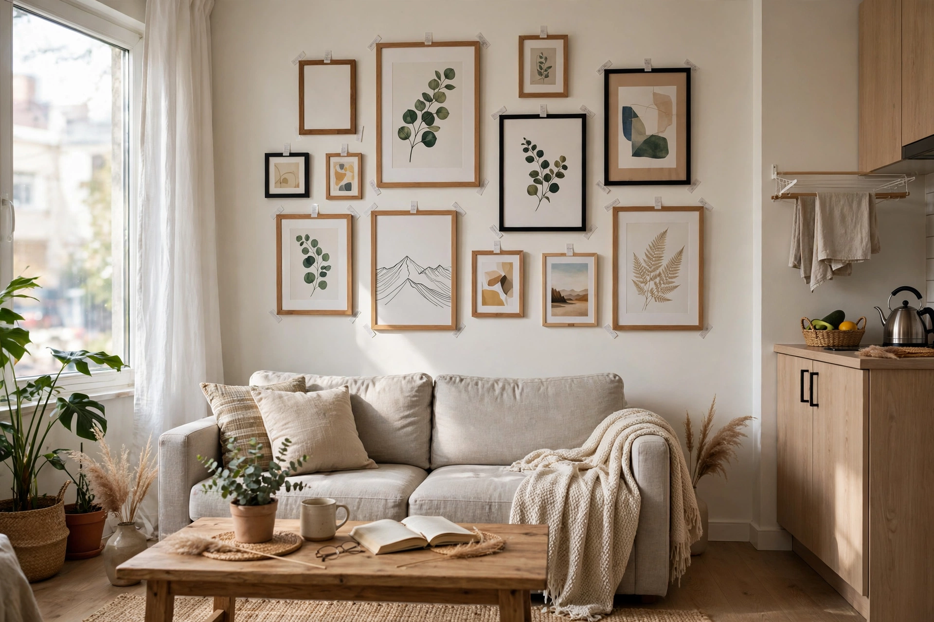 Gallery wall of framed art hung with adhesive strips in a rental studio apartment living area