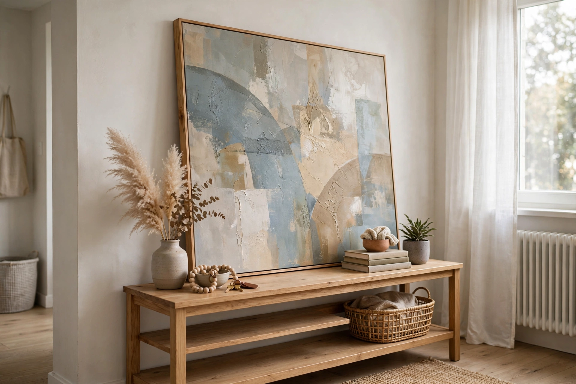 Large abstract canvas art leaned against a wall on a console table in a rental studio