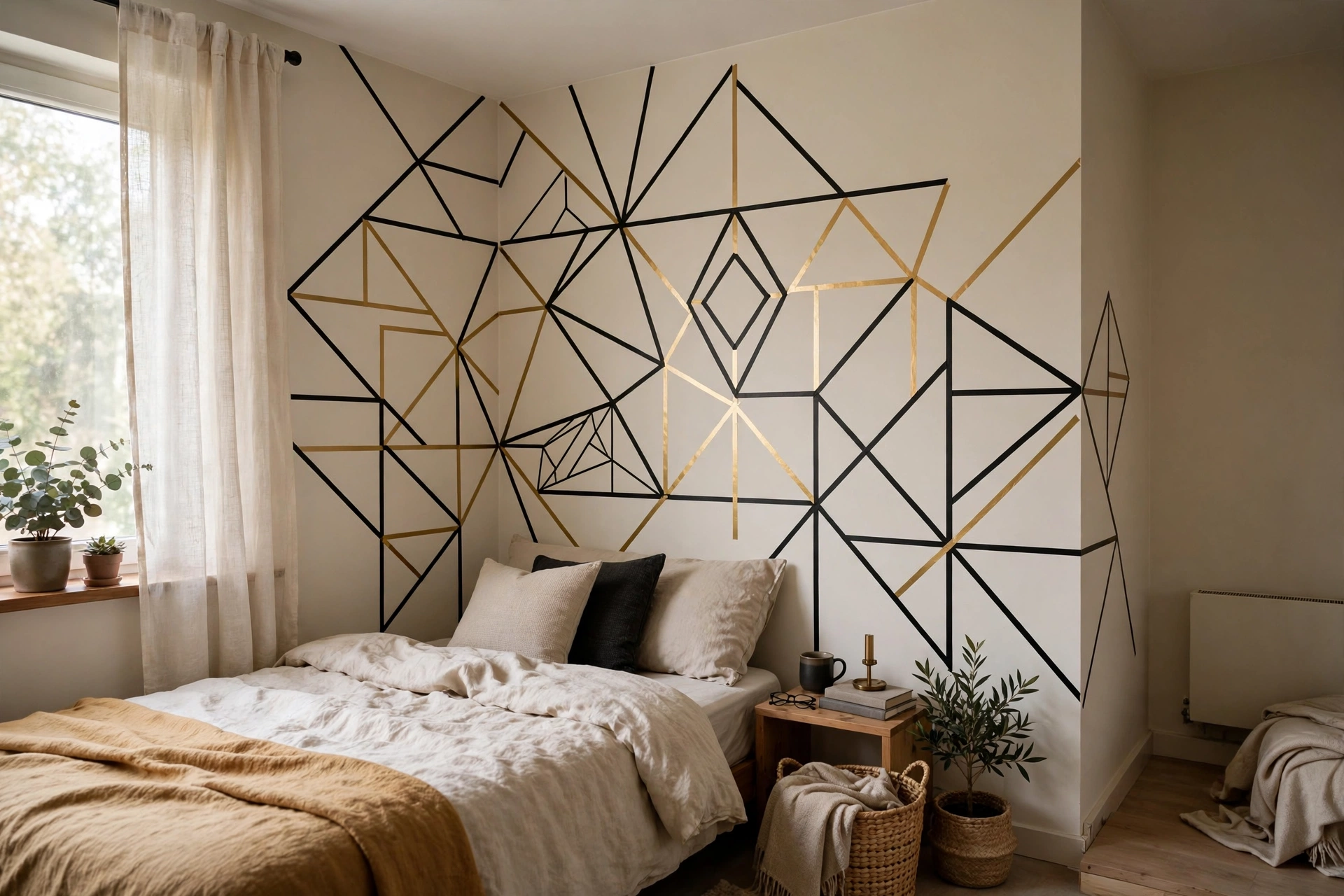 Geometric washi tape wall design in black and gold in a rental studio apartment bedroom corner