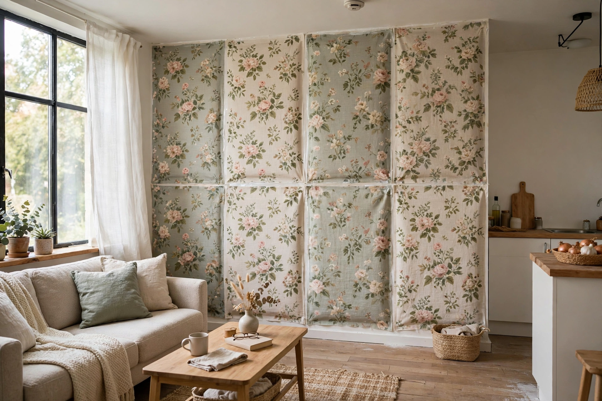 Floral fabric wall panels applied with liquid starch as removable wallpaper in a rental studio