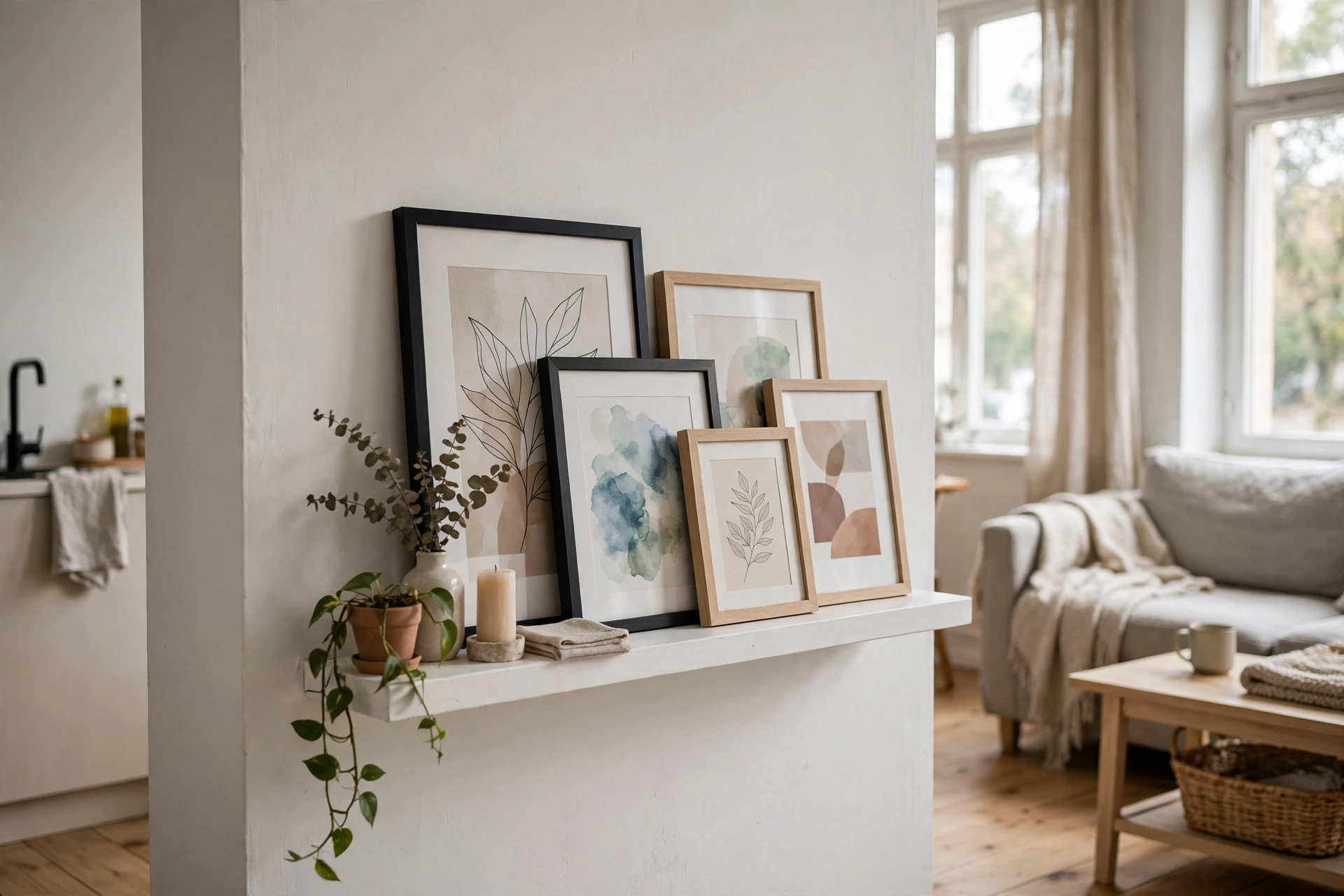 White picture ledge shelf with layered art frames in a rental studio apartment