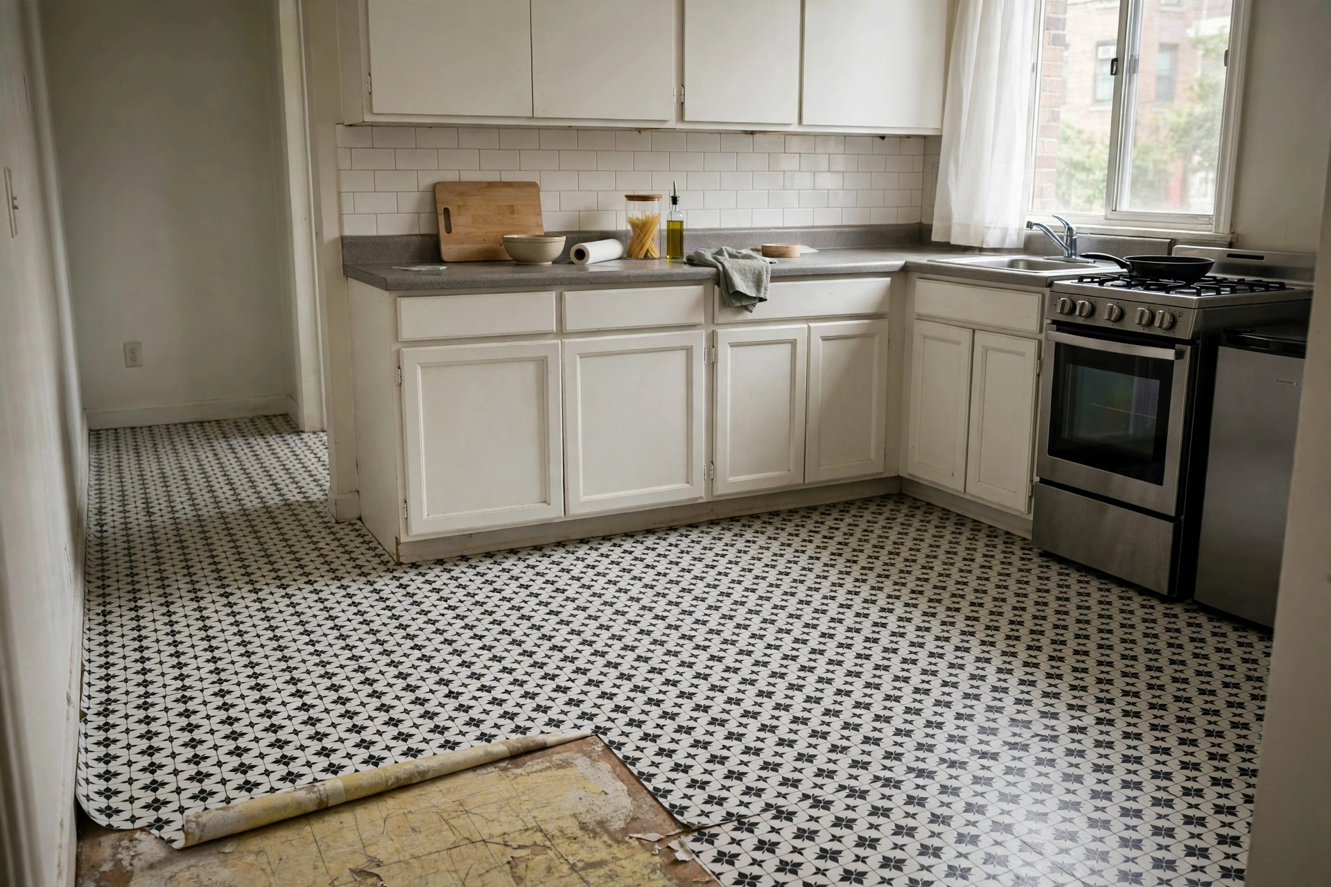Peel-and-stick patterned vinyl floor tiles over old flooring in a rental studio kitchen