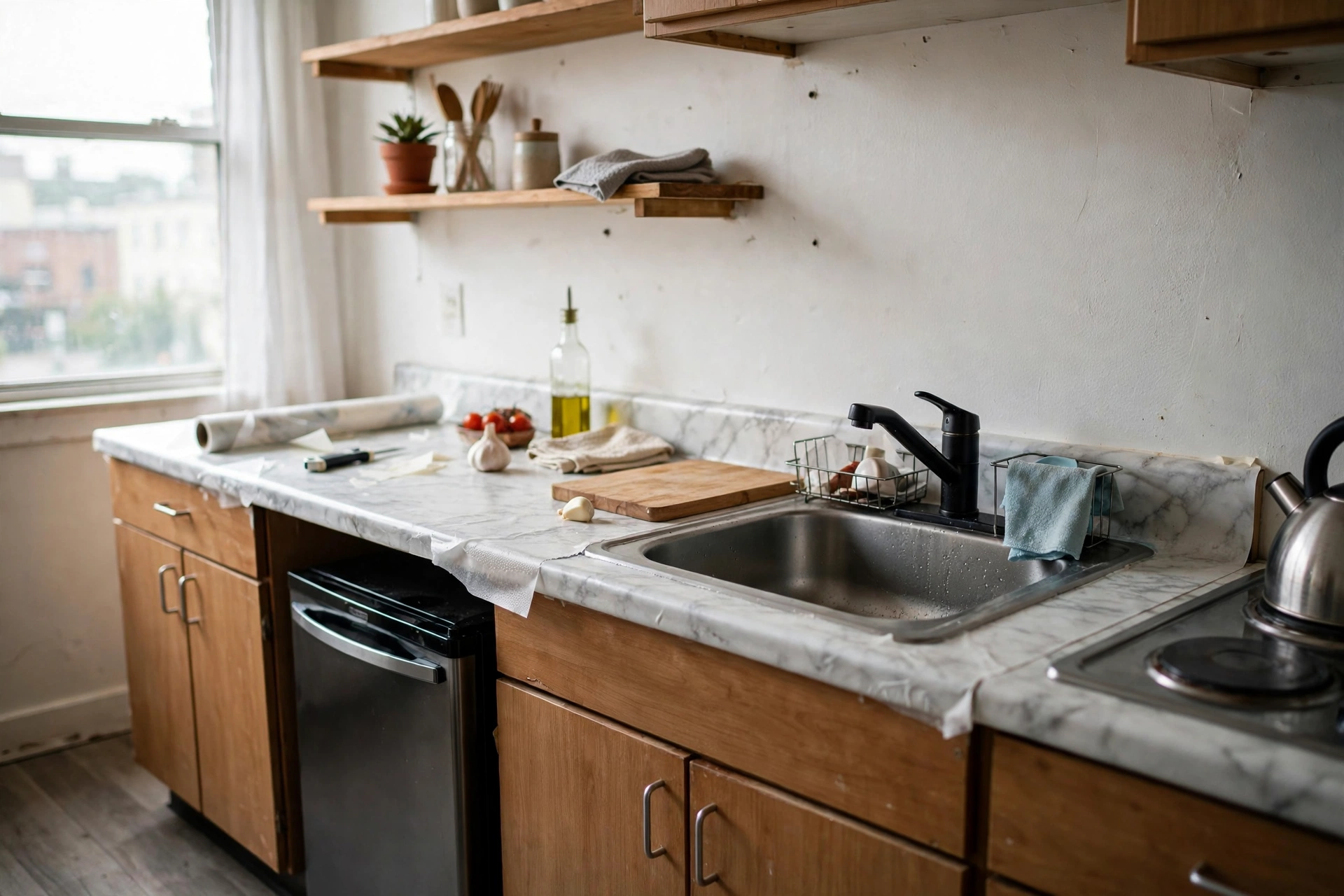 Marble-look contact paper applied over laminate counters in a rental studio kitchenette