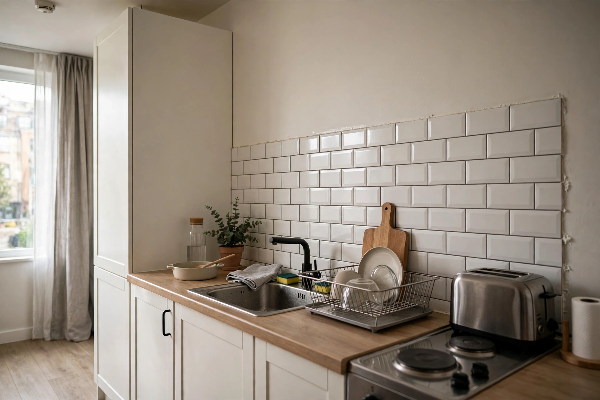Peel-and-stick subway tile backsplash in a rental studio apartment kitchen