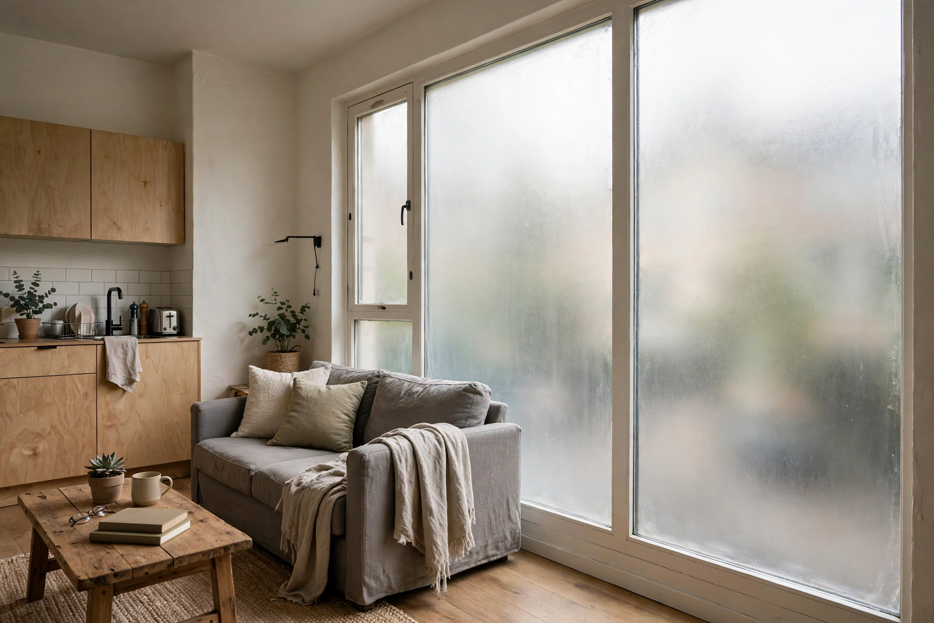 Frosted static-cling window film on a rental studio apartment window for privacy