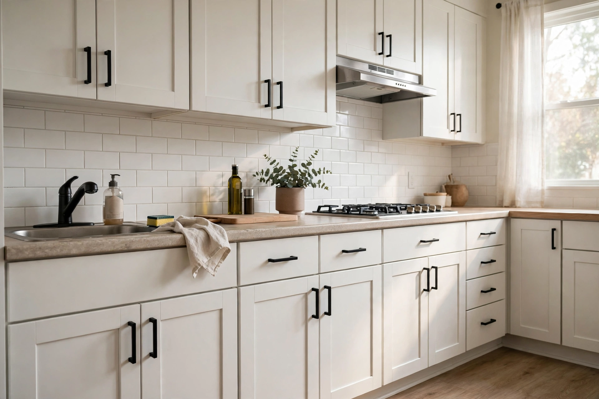 Modern matte black cabinet pulls installed on rental kitchen cabinets with originals stored