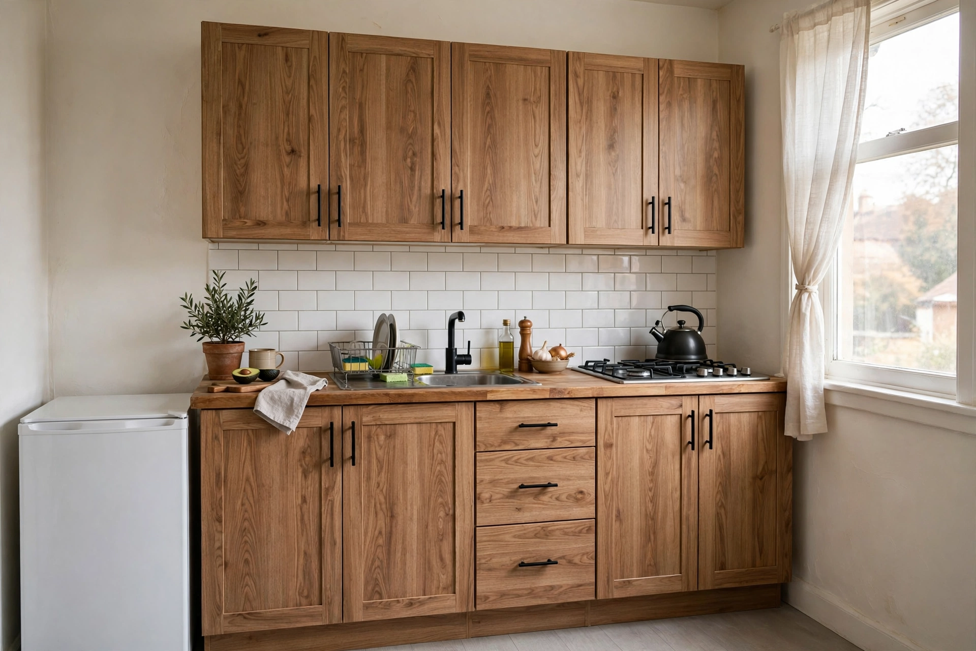Cabinet doors wrapped in wood-grain adhesive vinyl in a rental studio kitchen