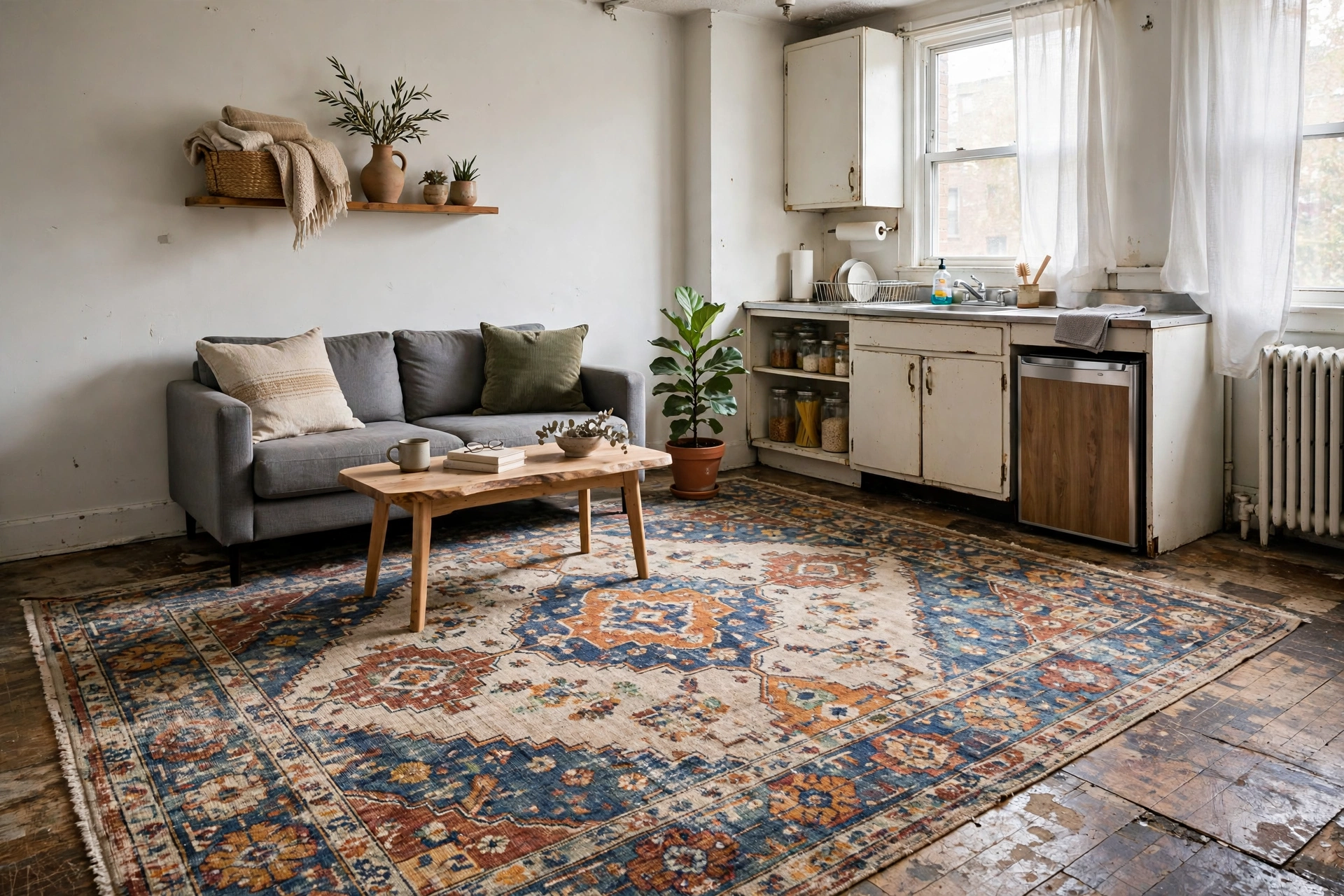 Large patterned area rug covering old flooring in a rental studio apartment living zone
