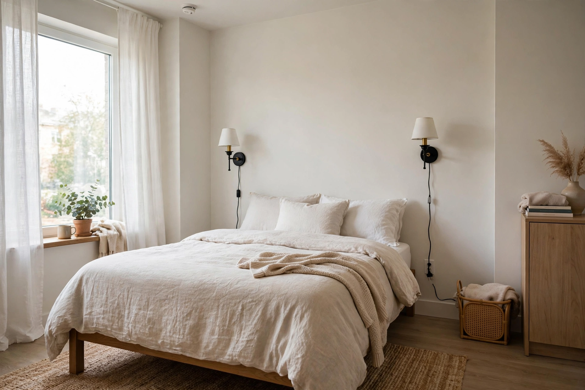 Plug-in wall sconces flanking a bed in a rental studio apartment bedroom zone