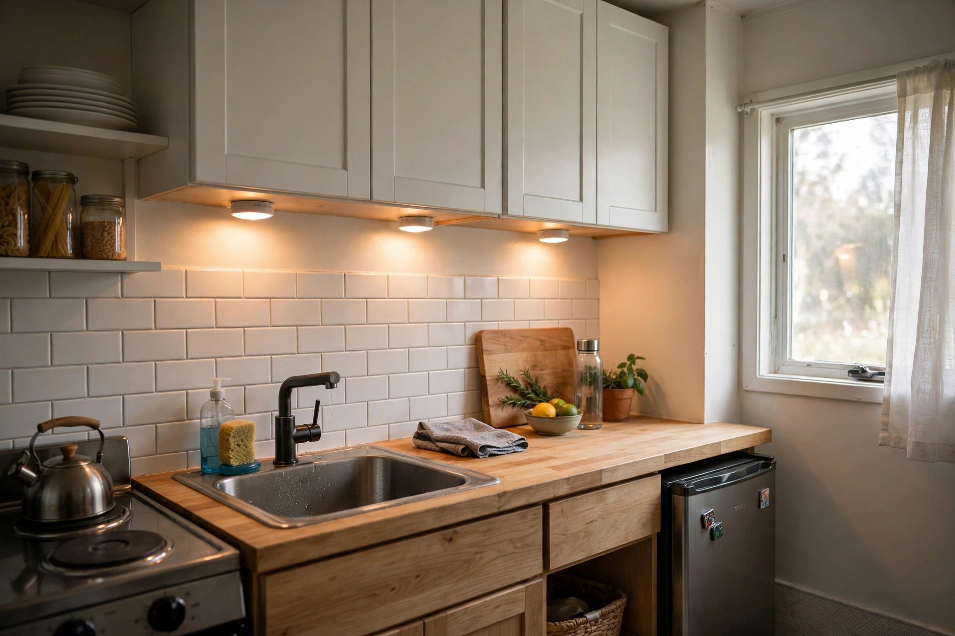 Battery puck lights glowing under kitchen cabinets in a rental studio kitchenette